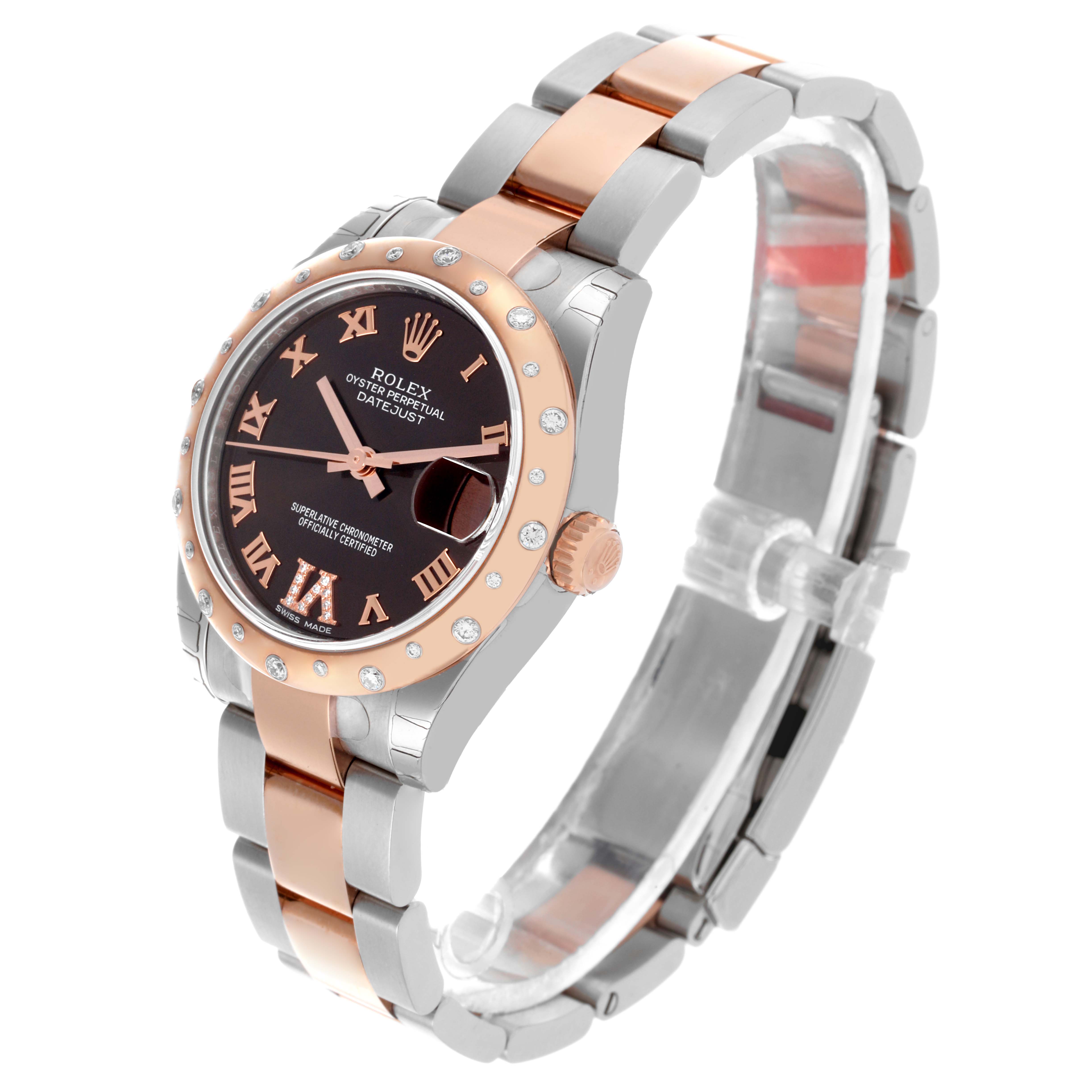 The Rolex Mid-Size 178341 Women's Steel and Gold (two tone) Brown Dial 178341 Women's Steel and Gold (two tone) Brown Dial watch is shown at a three-quarter angle, highlighting the face, bezel, and bracelet.