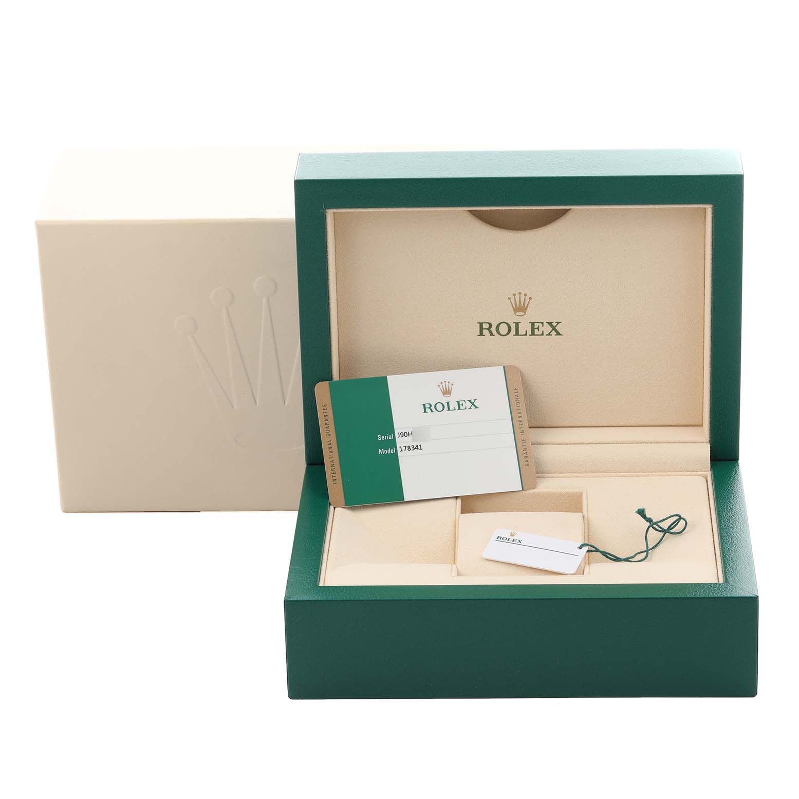 This image shows the open packaging of a Rolex Mid-Size 178341 Women's Steel and Gold (two tone) Brown Dial 178341 Women's Steel and Gold (two tone) Brown Dial model with a warranty card and tags.