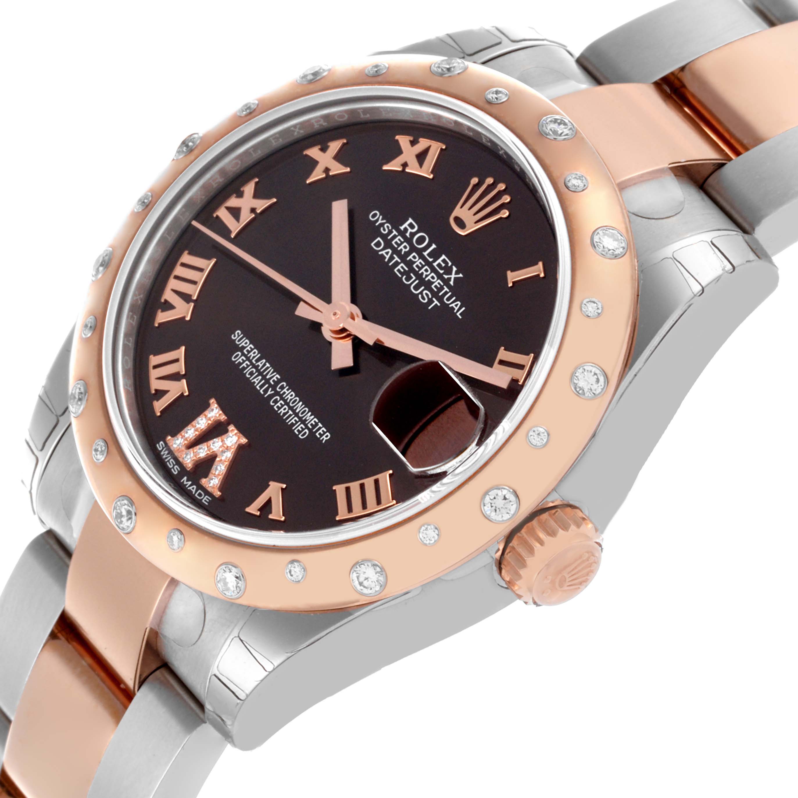 The Rolex Mid-Size 178341 Women's Steel and Gold (two tone) Brown Dial 178341 Women's Steel and Gold (two tone) Brown Dial watch is shown from an angled view, highlighting the bezel, dial, crown, and parts of the bracelet.