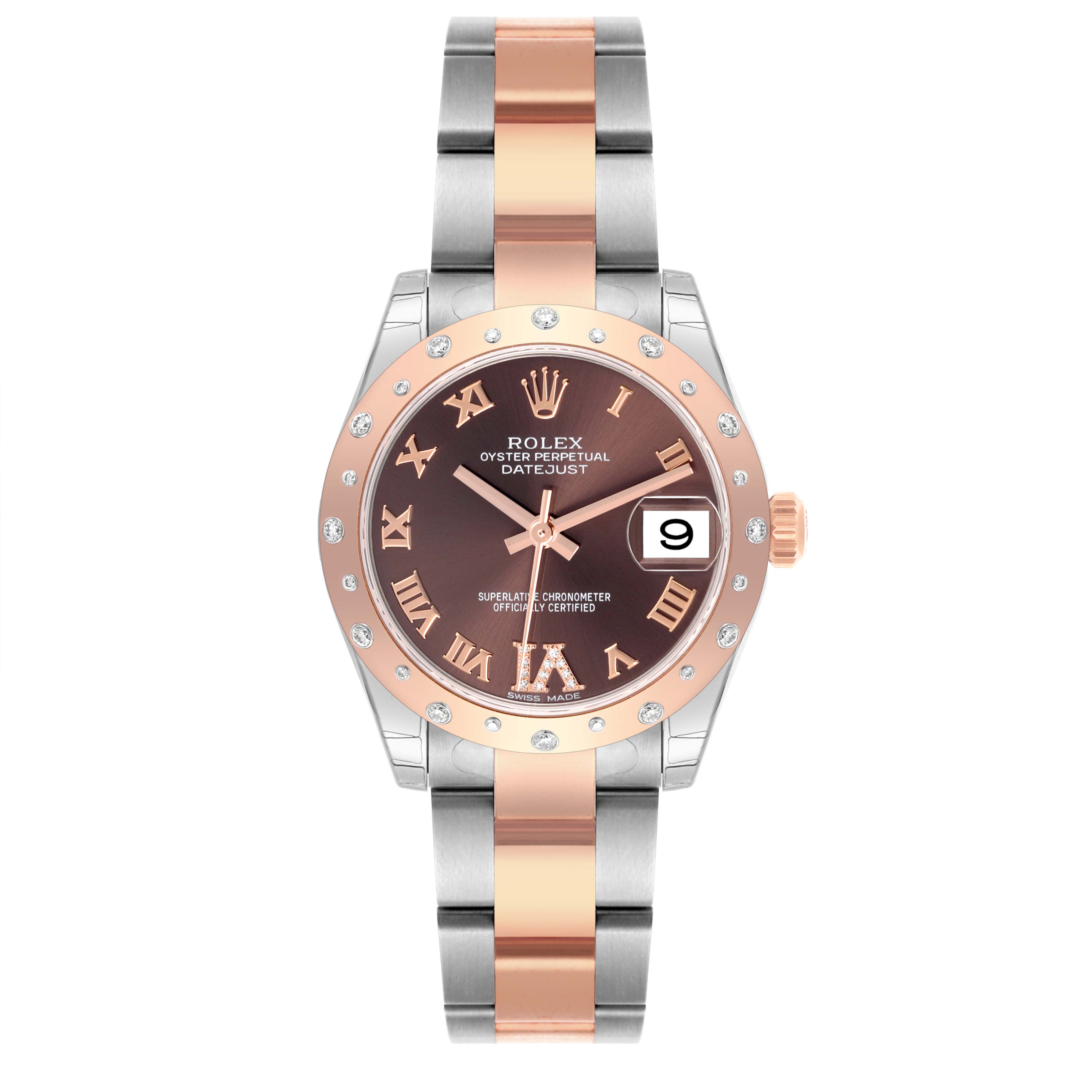 The Rolex Mid-Size 178341 Women's Steel and Gold (two tone) Brown Dial 178341 Women's Steel and Gold (two tone) Brown Dial Datejust watch is shown from a front angle, displaying the face, bezel, crown, and bracelet.