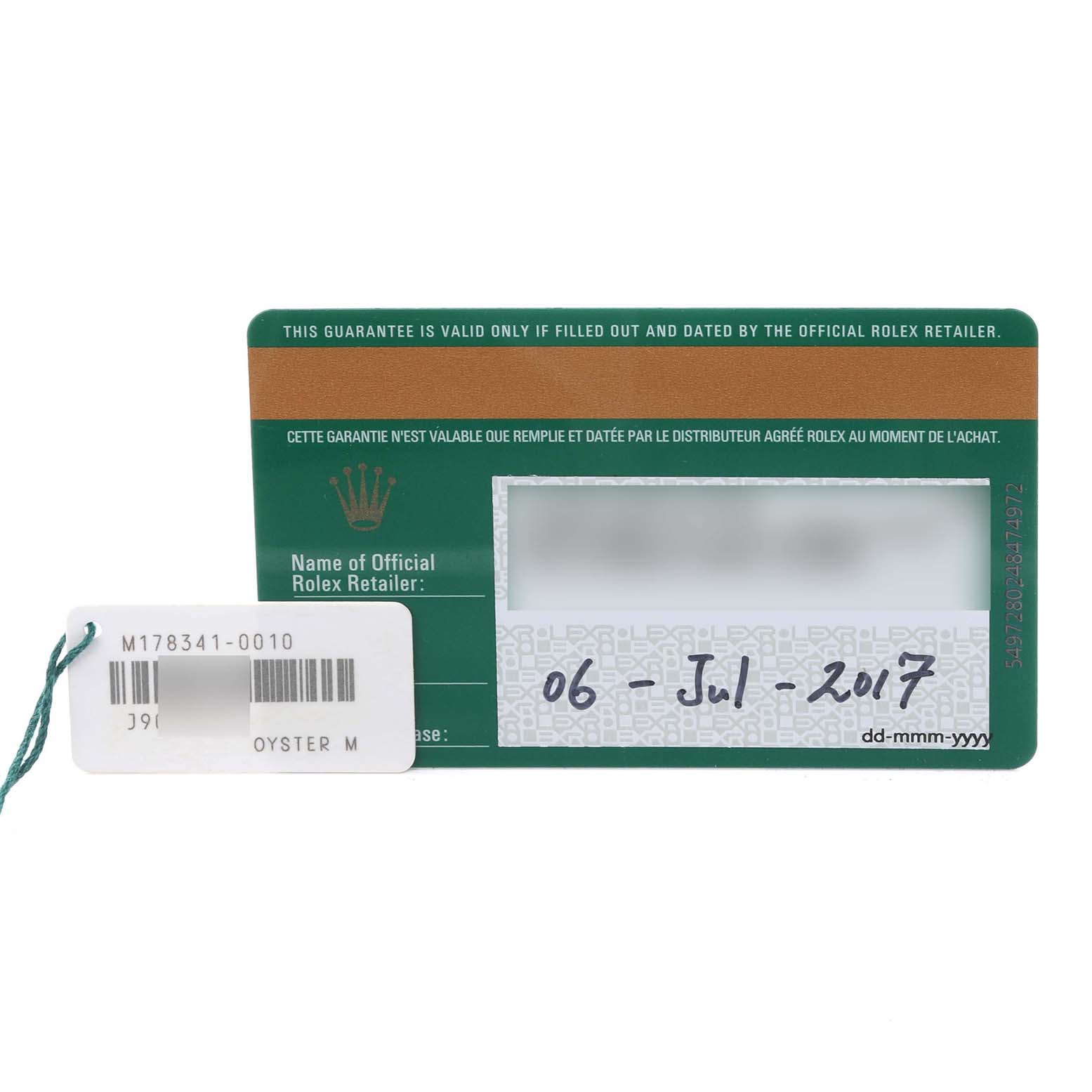 The image shows a green warranty card and a white tag for a Rolex Mid-Size 178341 Women's Steel and Gold (two tone) Brown Dial 178341 Women's Steel and Gold (two tone) Brown Dial model watch.