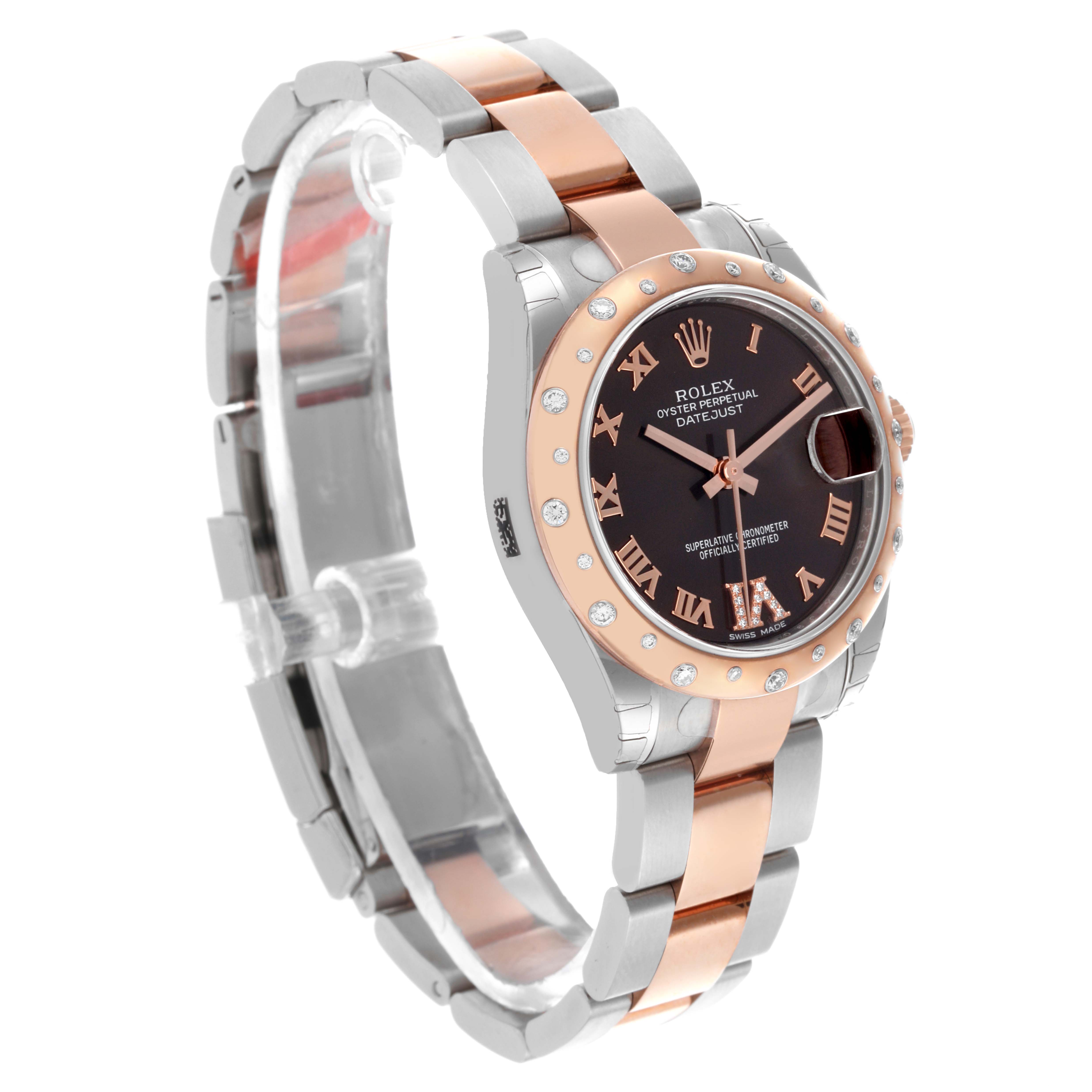 The Rolex Datejust Mid-Size watch is shown at a three-quarter angle, highlighting the face, bezel, and two-tone bracelet.