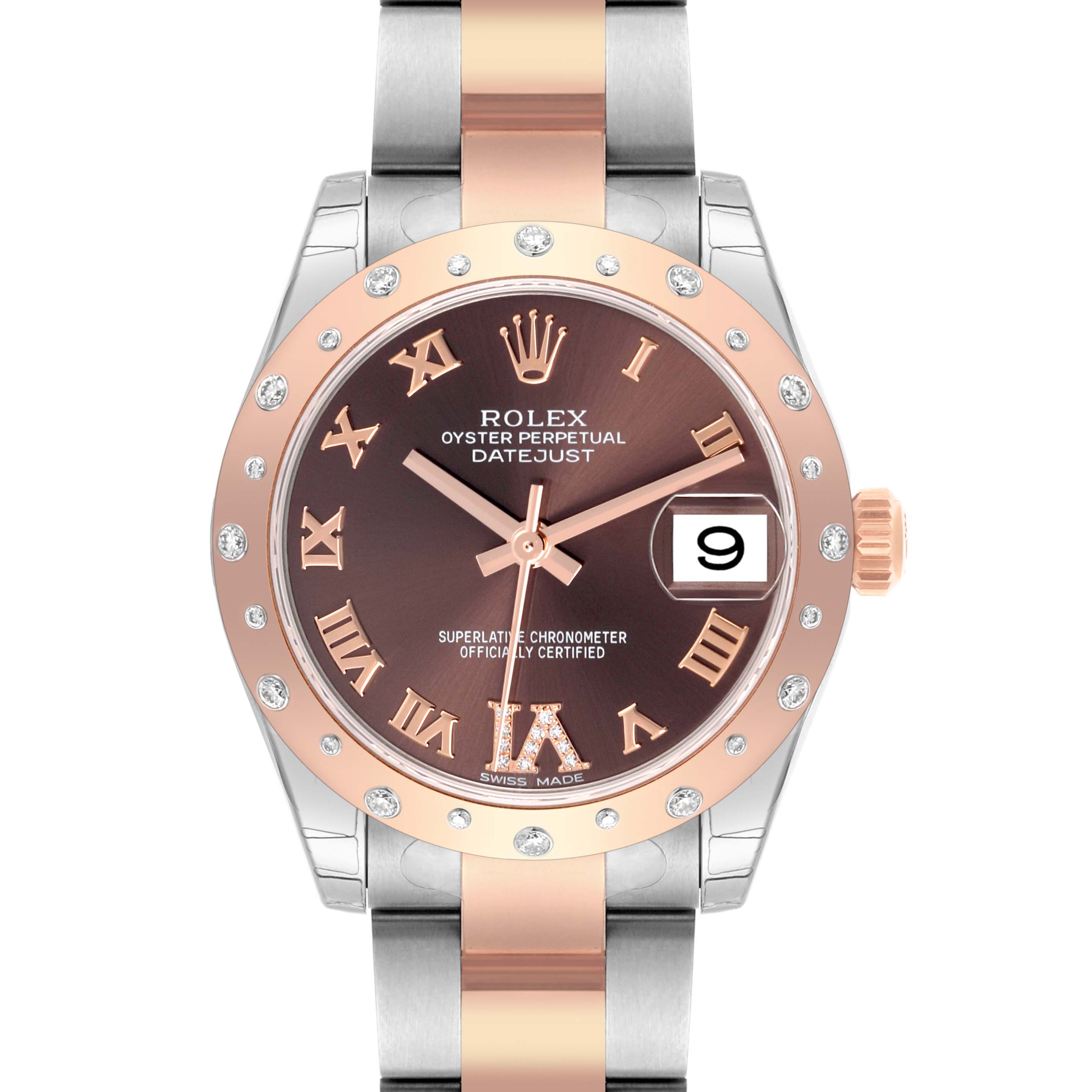 The Rolex Mid-Size 178341 Women's Steel and Gold (two tone) Brown Dial 178341 Women's Steel and Gold (two tone) Brown Dial Oyster Perpetual Datejust is shown from the front, highlighting the dial, bezel, and bracelet.