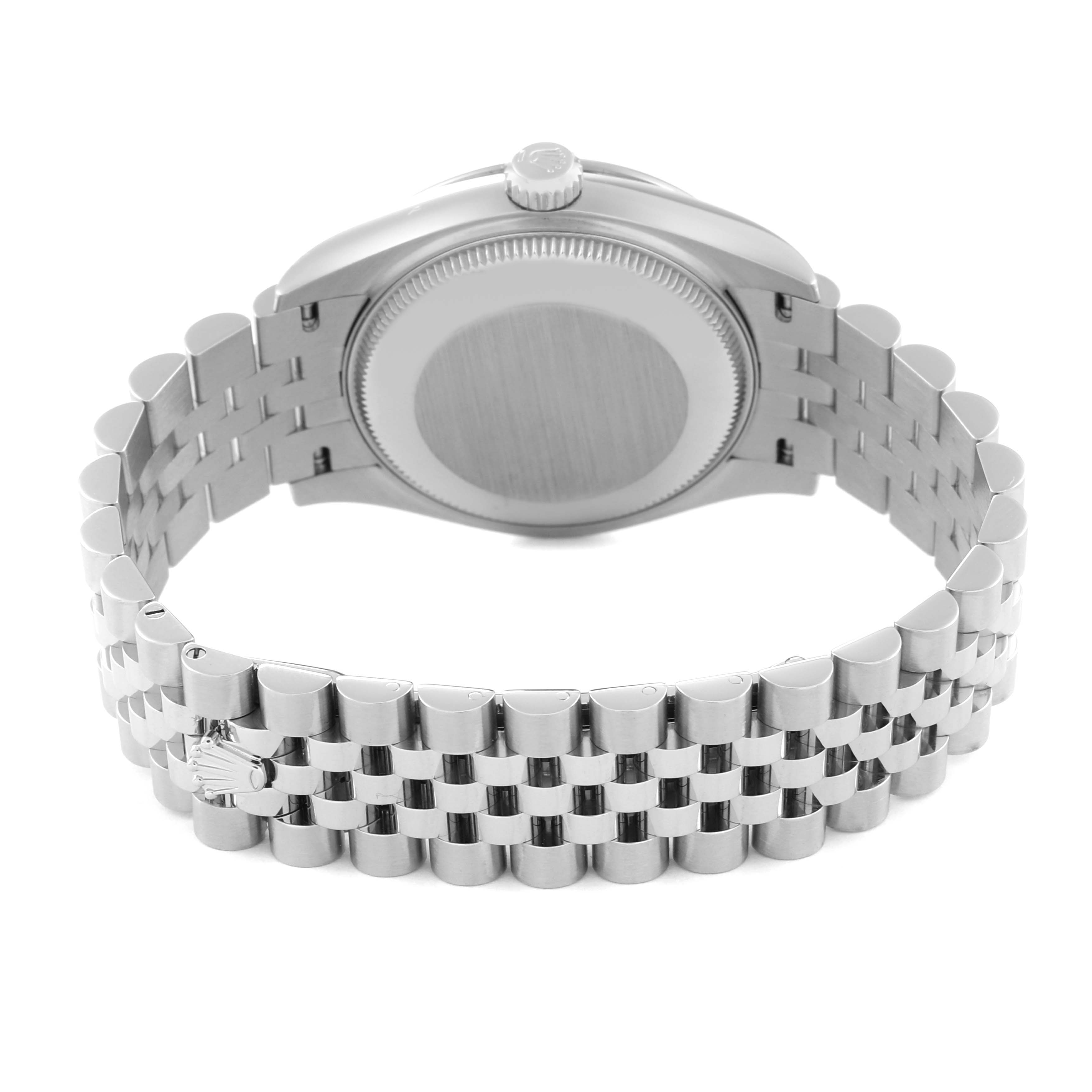 This image shows the back case and bracelet of a Mid-Size Rolex watch from a rear angle.