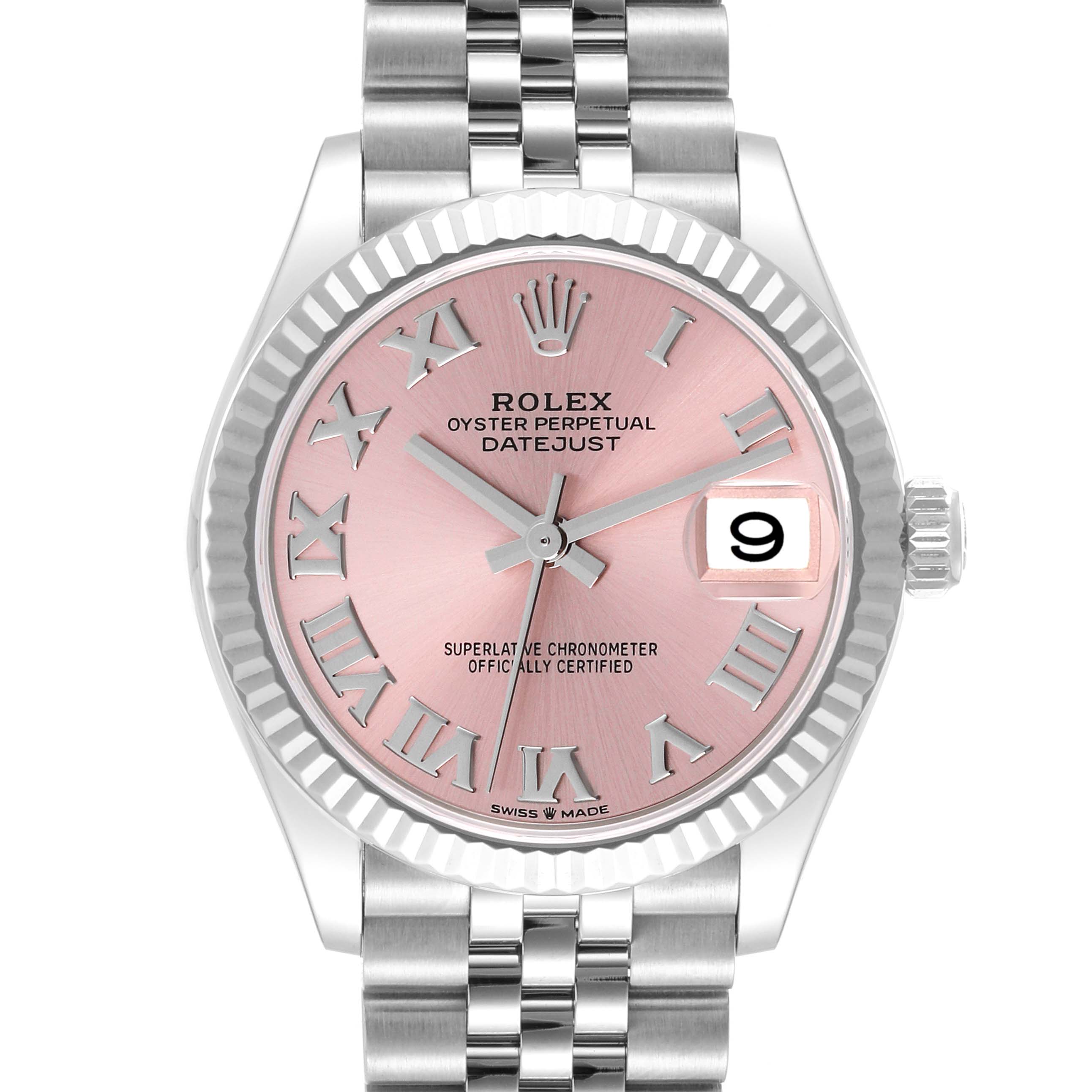 The image shows the face and part of the bracelet of the Rolex Datejust Mid-Size watch, featuring a pink dial with Roman numerals.