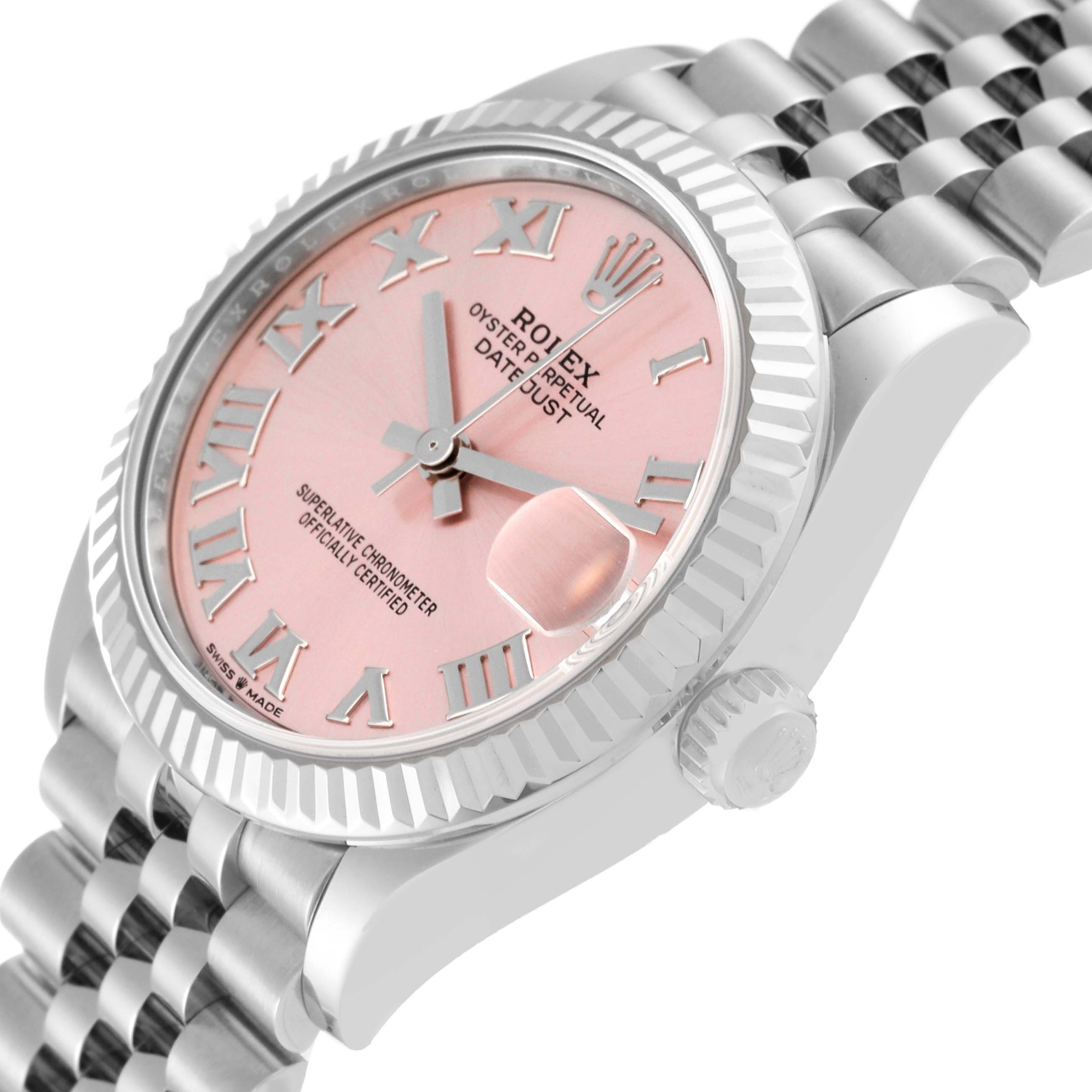 This image shows a Rolex Mid-Size 278274 Women's Stainless Steel Pink Dial 278274 Women's Stainless Steel Pink Dial Datejust watch at an oblique angle, highlighting its pink dial, Roman numerals, and Jubilee bracelet.