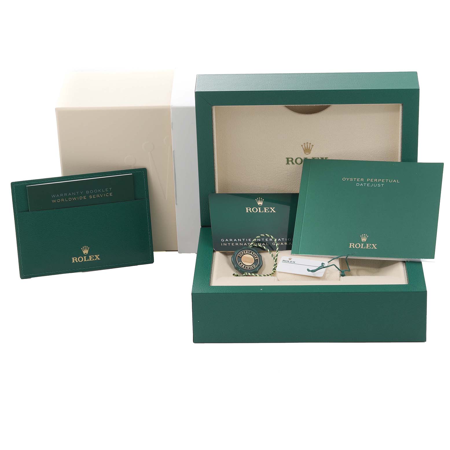 The image shows the packaging and accessories of a Rolex Mid-Size 278274 Women's Stainless Steel Pink Dial 278274 Women's Stainless Steel Pink Dial model, including booklets, a tag, and the watch box.