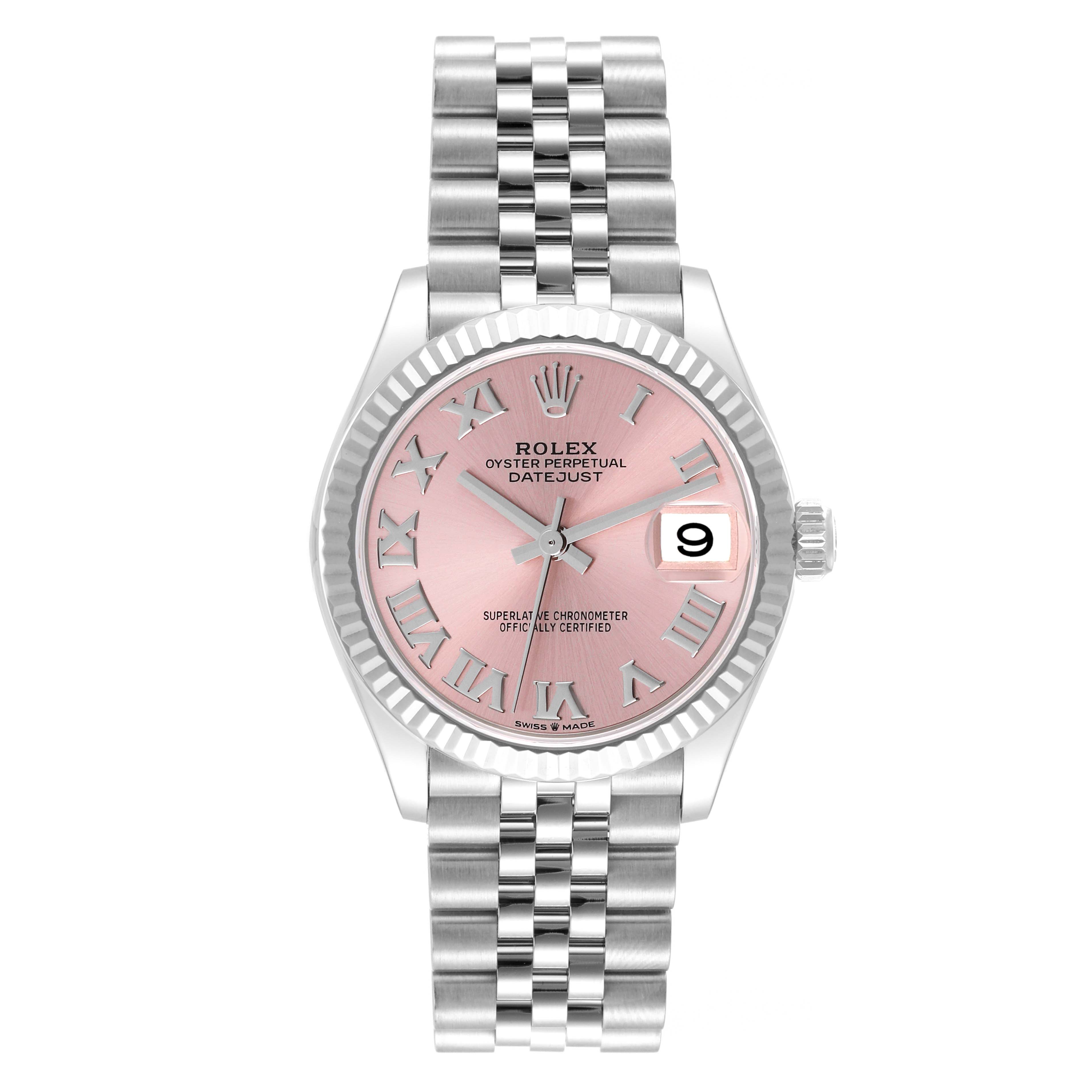 This is a front view of a Rolex Mid-Size 278274 Women's Stainless Steel Pink Dial 278274 Women's Stainless Steel Pink Dial Oyster Perpetual Datejust watch, showcasing a pink dial, fluted bezel, and Jubilee bracelet.