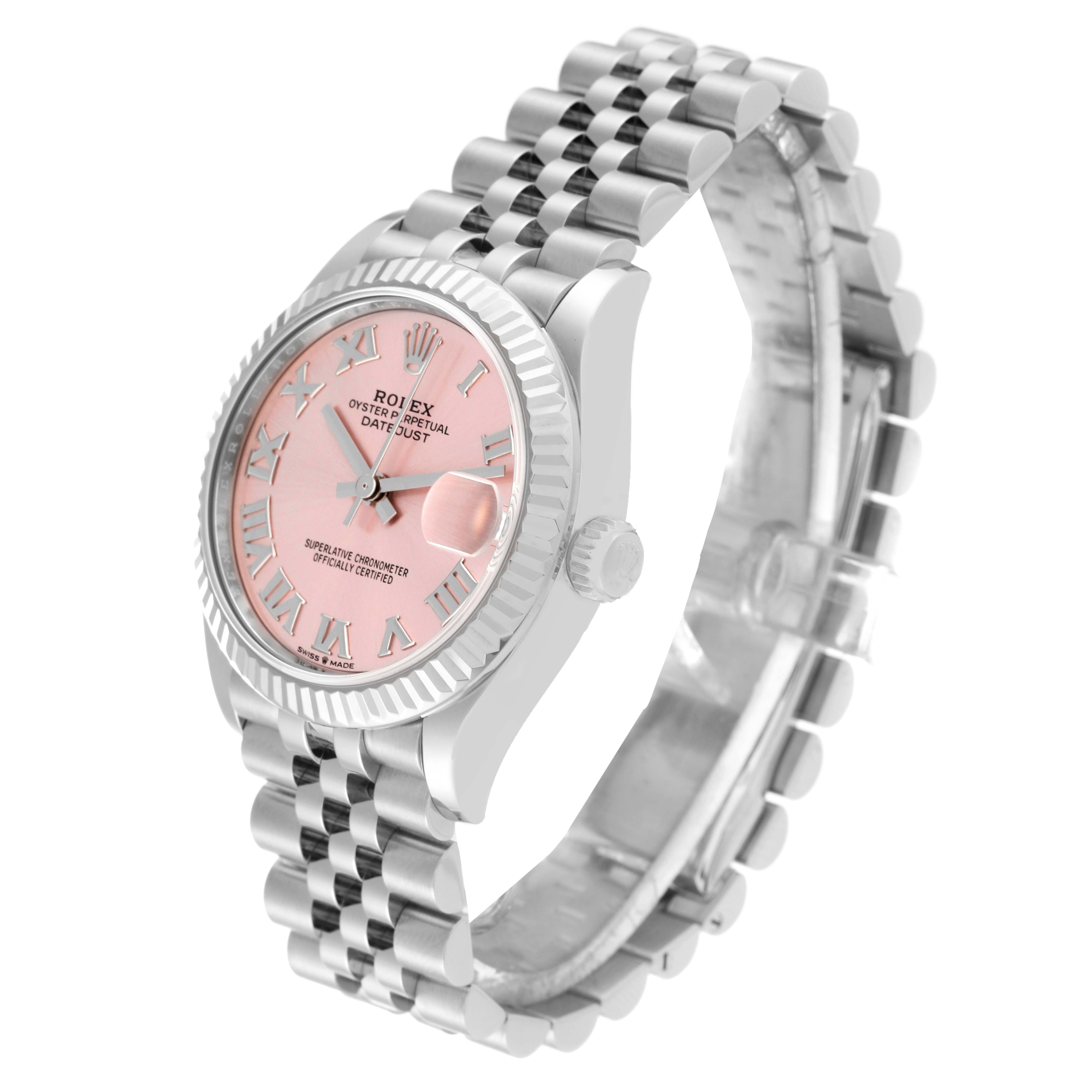 This image shows a Rolex Mid-Size 278274 Women's Stainless Steel Pink Dial 278274 Women's Stainless Steel Pink Dial Datejust watch tilted at a slight angle, highlighting the pink dial, bezel, and bracelet.