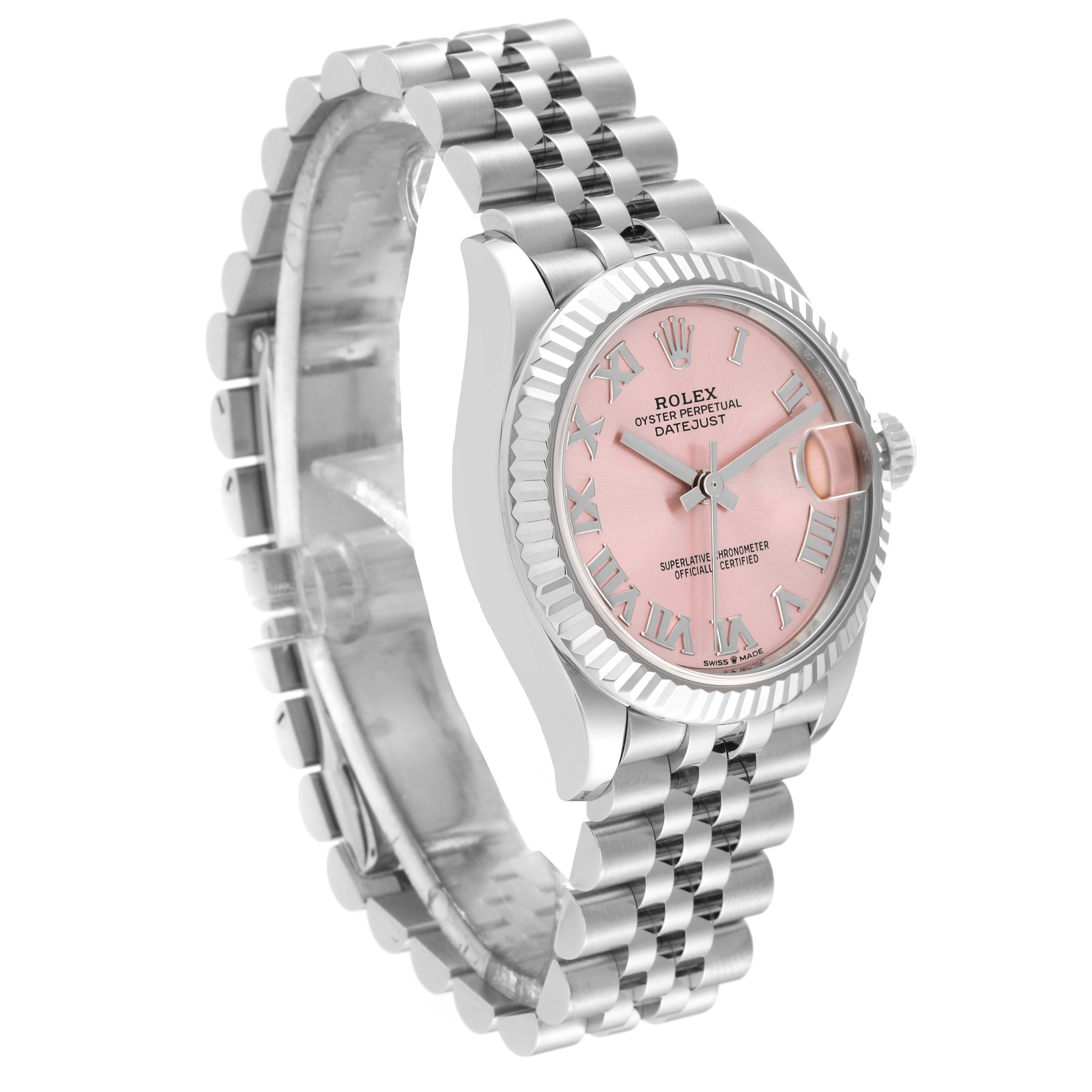 The image shows a side angle of the Rolex Mid-Size 278274 Women's Stainless Steel Pink Dial 278274 Women's Stainless Steel Pink Dial Datejust watch, highlighting its pink dial, bezel, and silver bracelet.