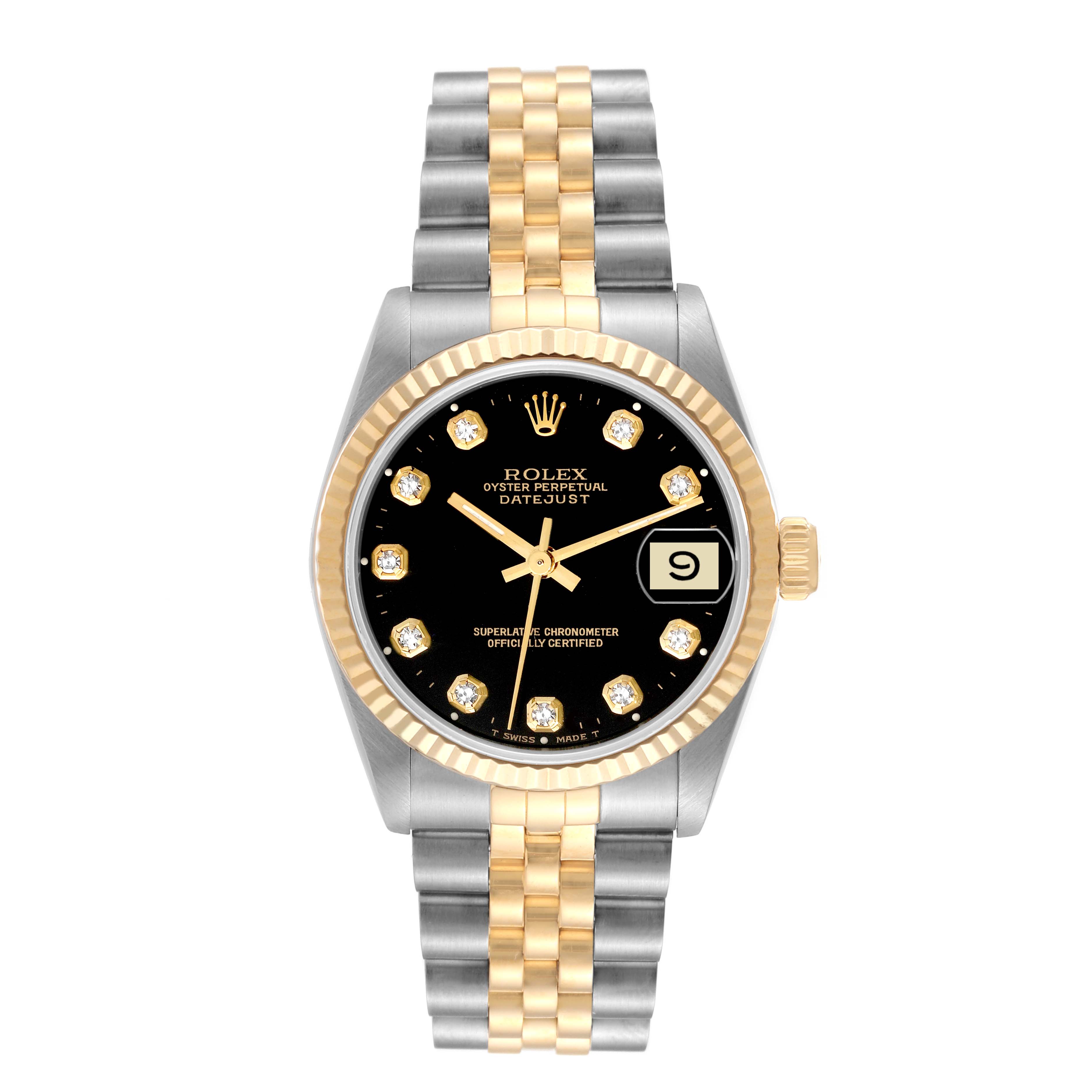 The image shows a frontal view of the Rolex Datejust Mid-Size watch, highlighting its black dial, diamond markers, and two-tone bracelet.