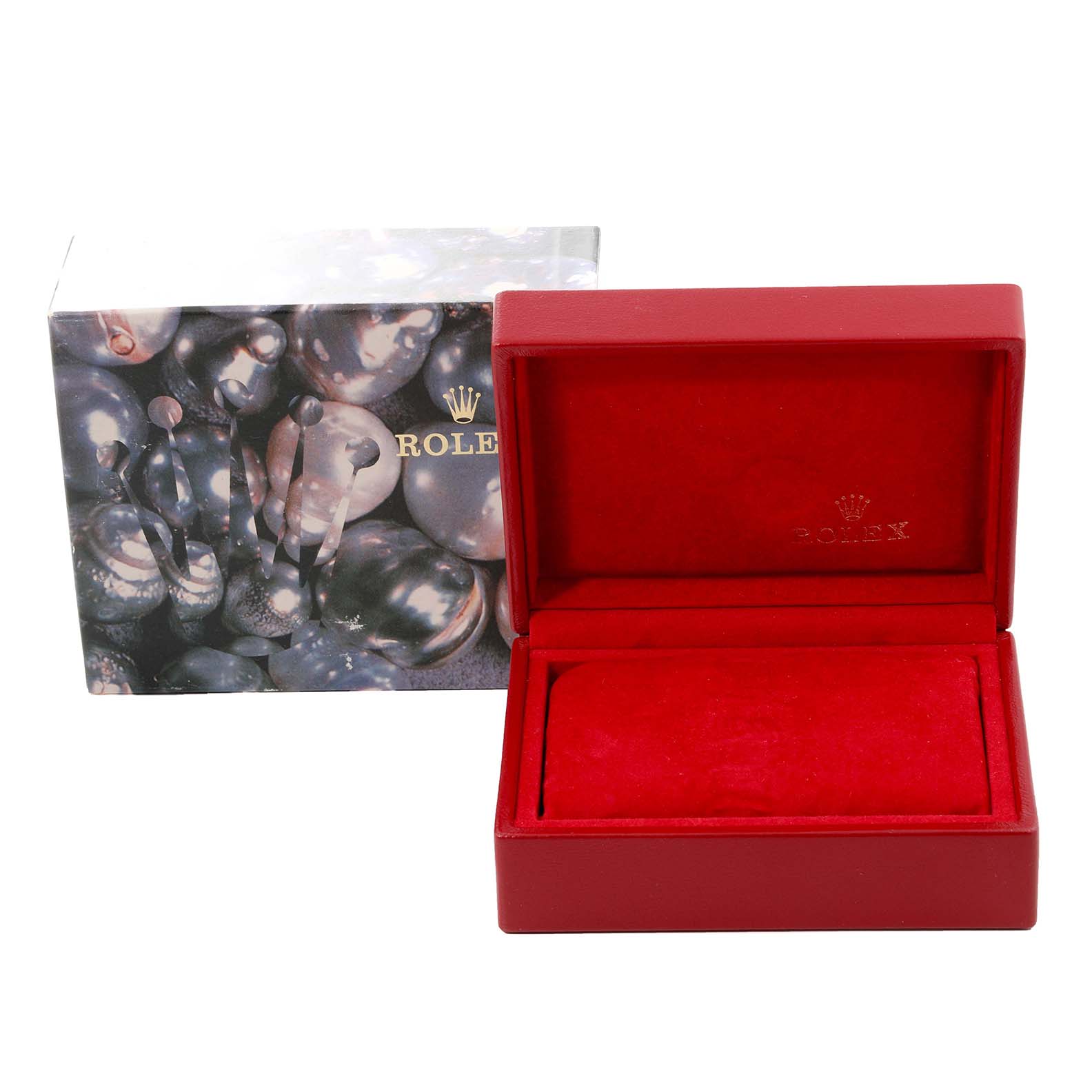 The image shows a red Rolex watch box for a Mid-Size model, displayed next to its decorative outer packaging.