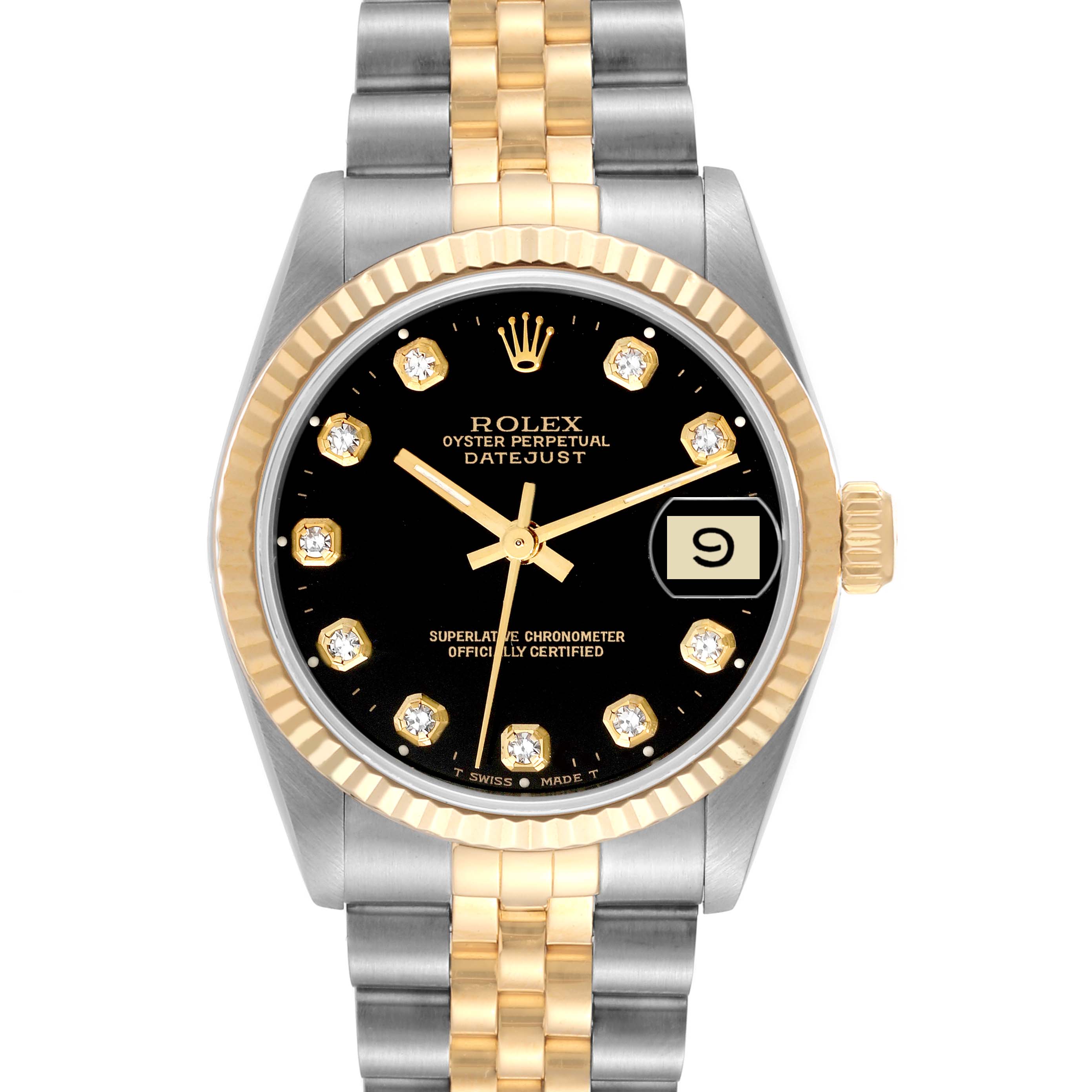 The image shows a front view of a Rolex Oyster Perpetual Datejust Mid-Size watch highlighting its black dial, two-tone bracelet, and date window.