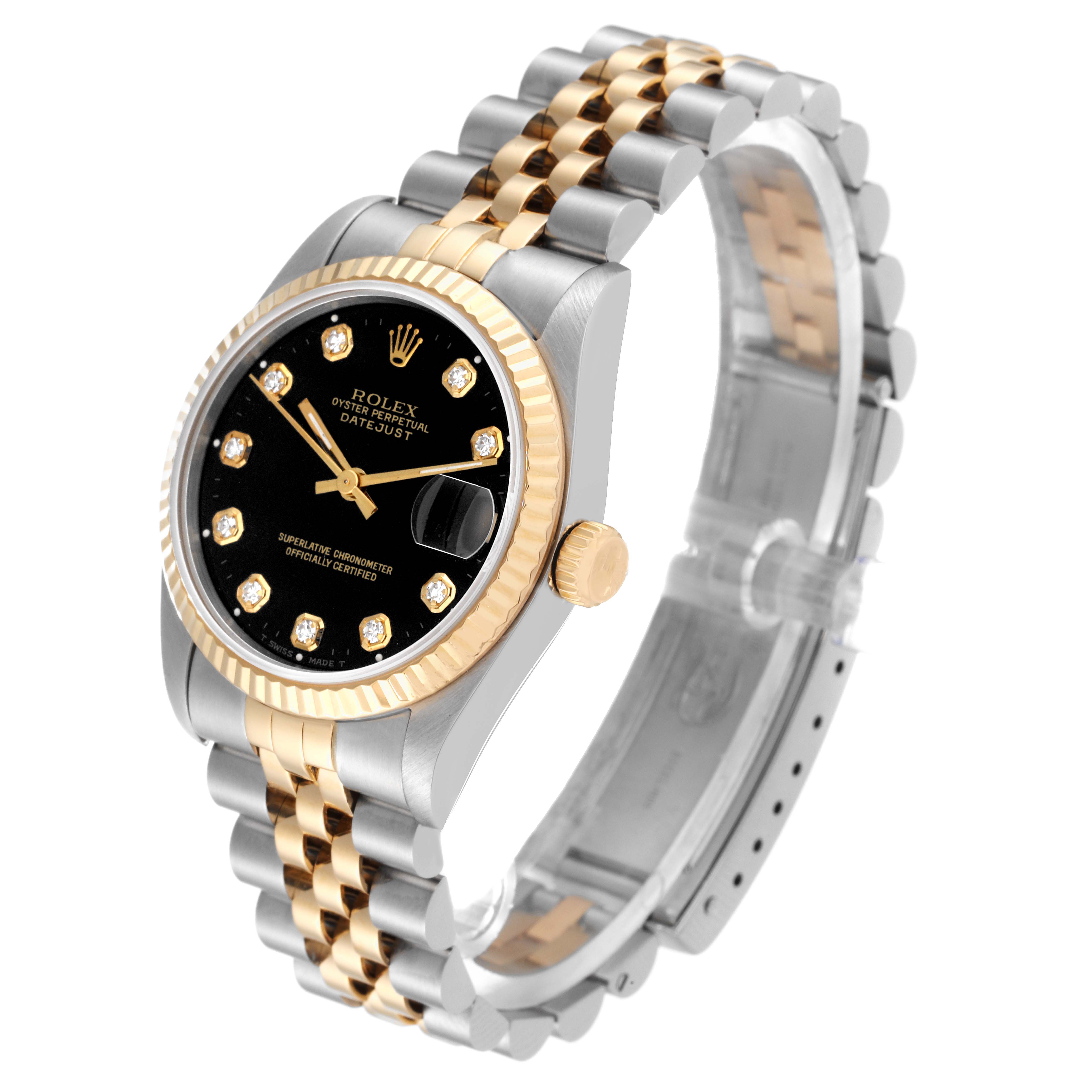 The image shows a Rolex Mid-Size 68273 Women's Steel and Gold (two tone) Black Dial 68273 Women's Steel and Gold (two tone) Black Dial Datejust watch at a three-quarter angle, highlighting the face, bracelet, clasp, and crown.