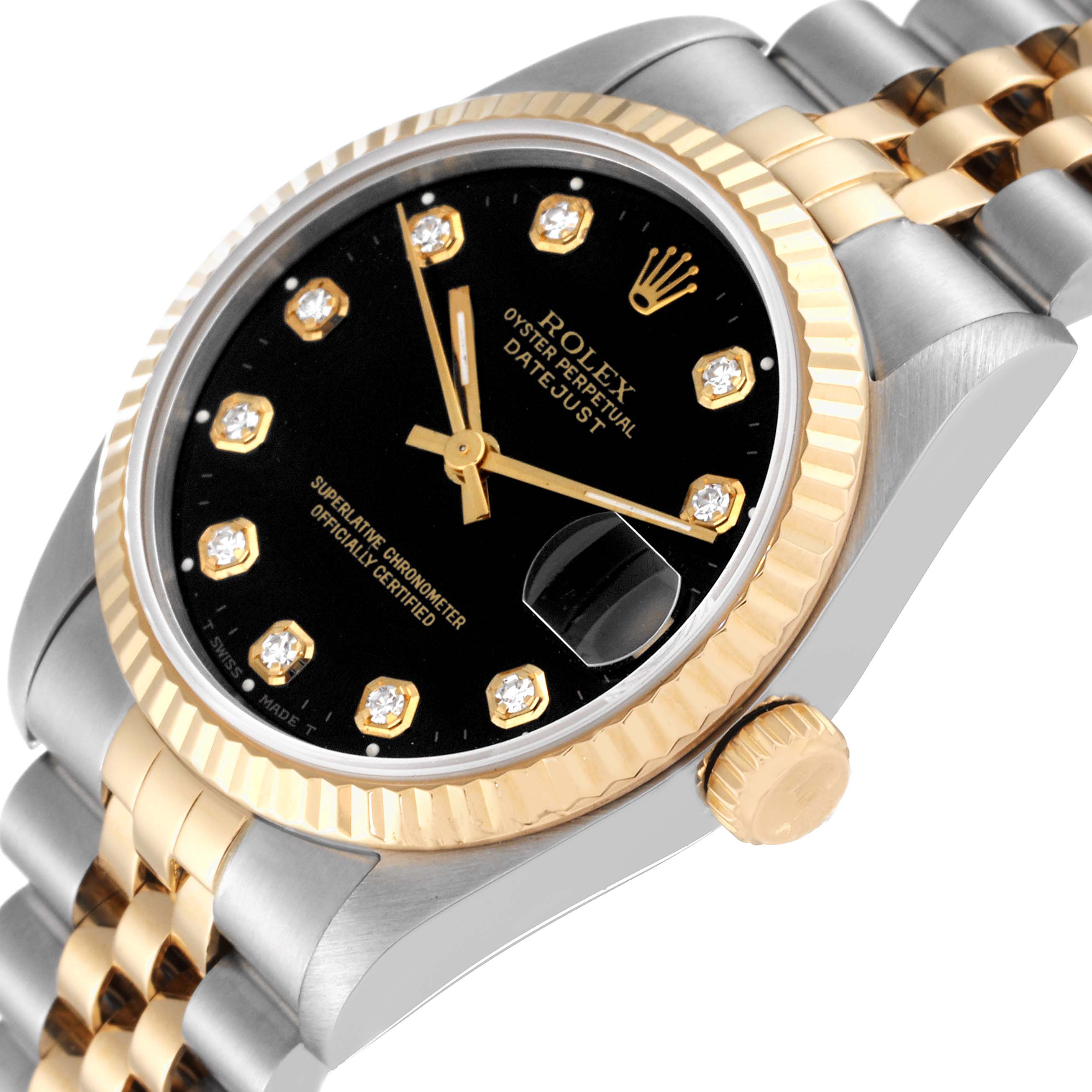The image shows a close-up, angled view of a Rolex Mid-Size 68273 Women's Steel and Gold (two tone) Black Dial 68273 Women's Steel and Gold (two tone) Black Dial Datejust watch, highlighting the dial, bezel, crown, and bracelet.