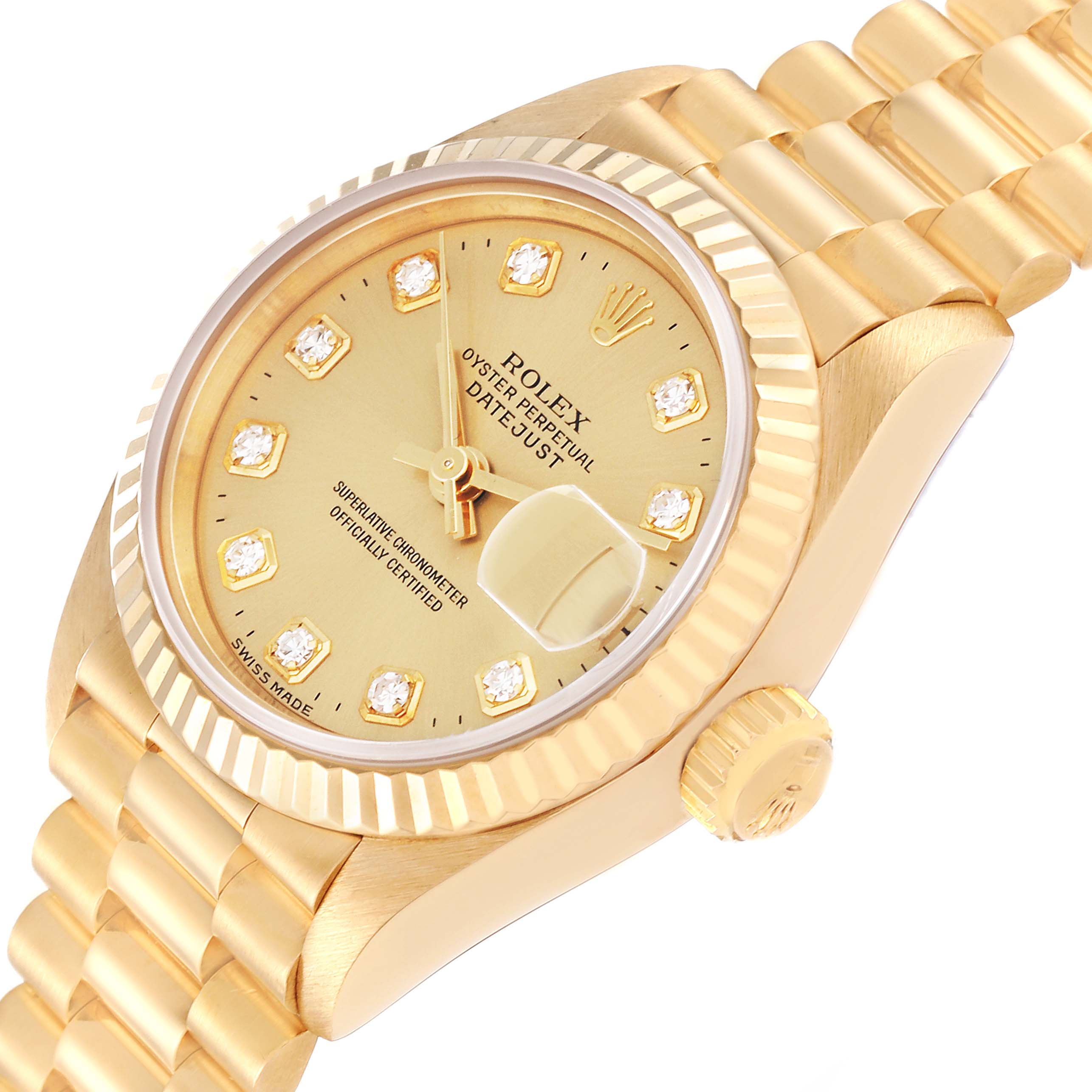 The image shows a gold Rolex President 69178 Women
s Yellow Gold Champagne Dial 69178 Women
s Yellow Gold Champagne Dial model watch from an angled view, highlighting its dial, bezel, and bracelet.