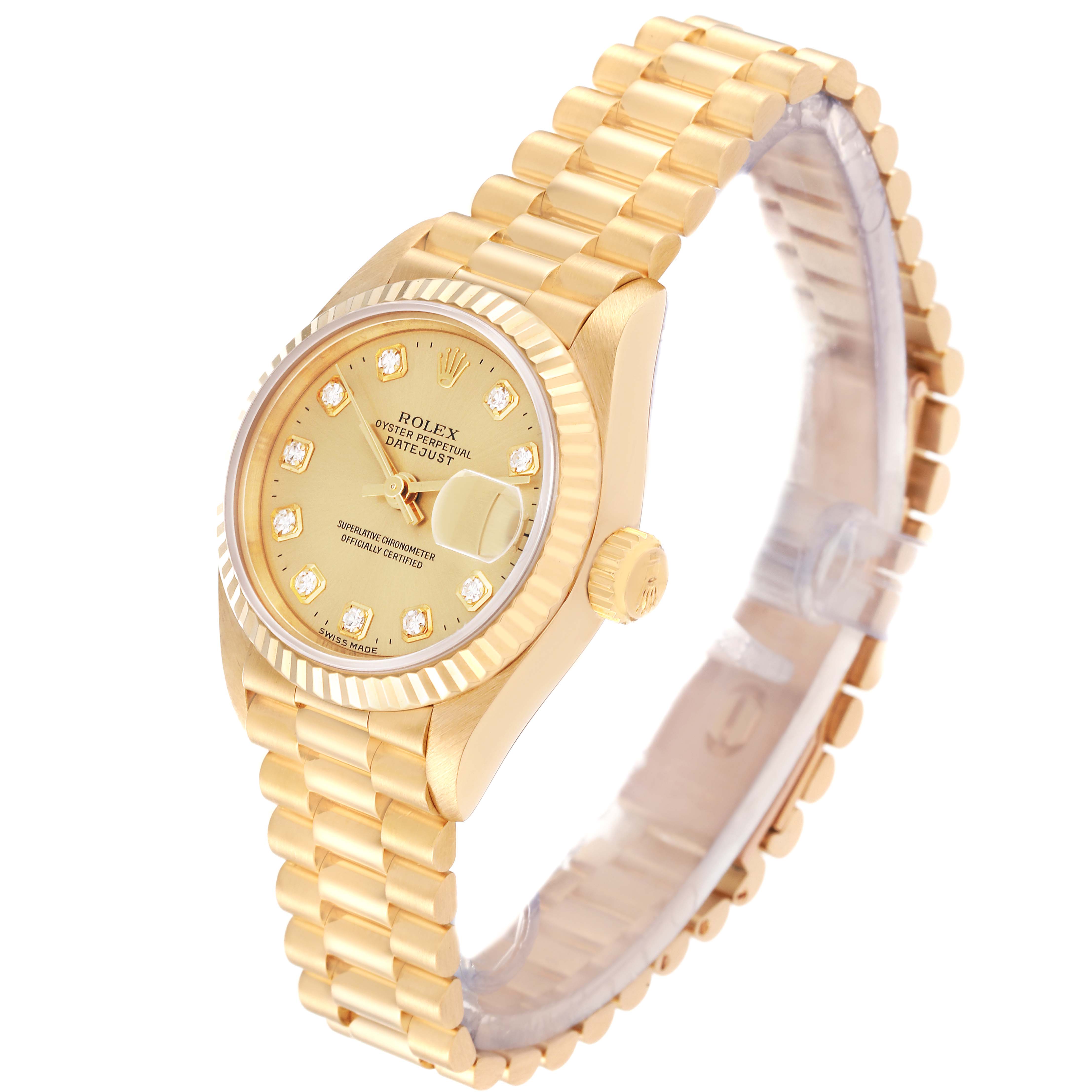 The Rolex President 69178 Women
s Yellow Gold Champagne Dial 69178 Women
s Yellow Gold Champagne Dial model is shown at a slight angle, highlighting the gold bracelet, dial, and fluted bezel.