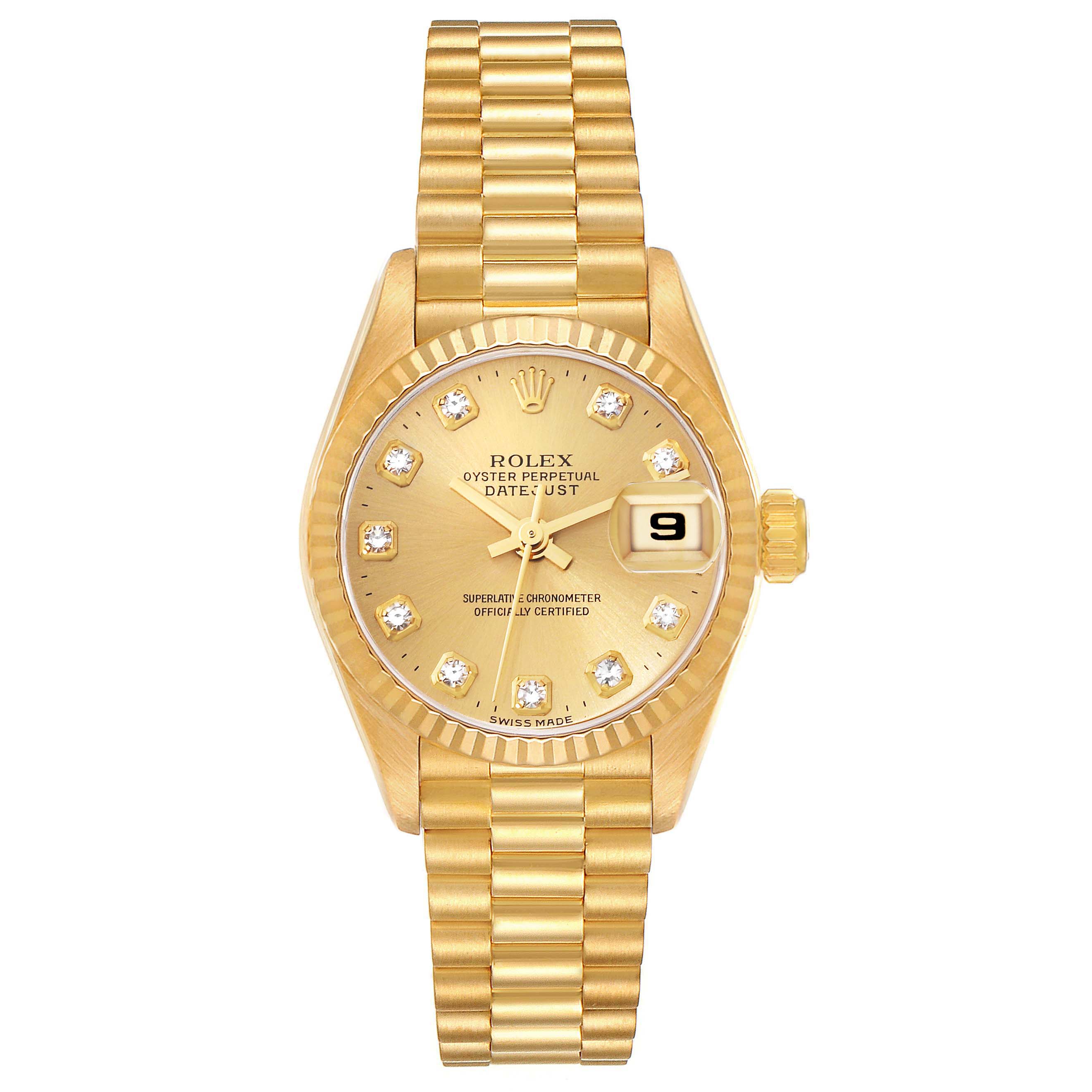 The Rolex President 69178 Women
s Yellow Gold Champagne Dial 69178 Women
s Yellow Gold Champagne Dial model watch is shown from a top-down angle, displaying its bracelet, dial, hands, and date window.