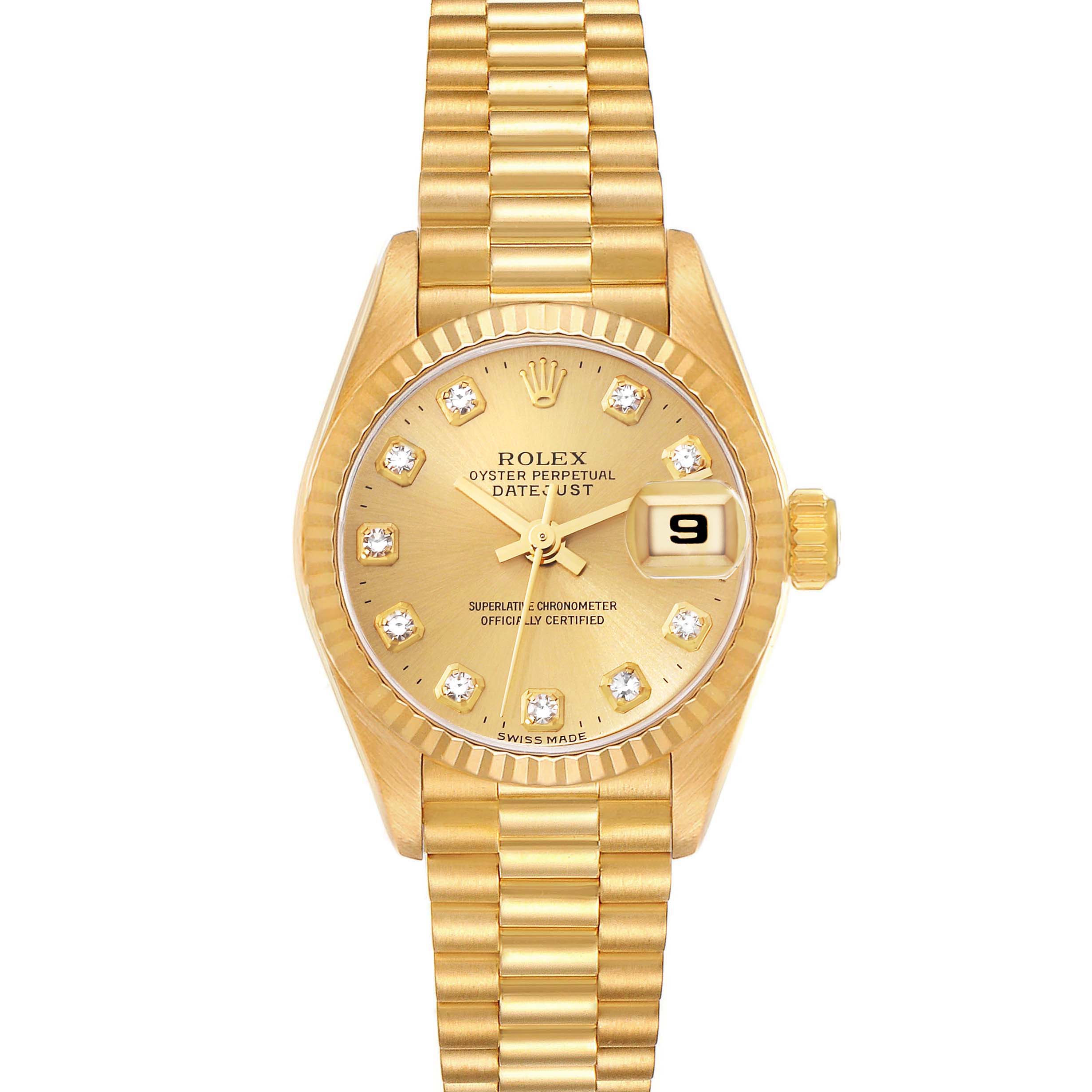 The image shows a frontal view of a gold Rolex President 69178 Women
s Yellow Gold Champagne Dial 69178 Women
s Yellow Gold Champagne Dial model watch with a day-date display and diamond markers.