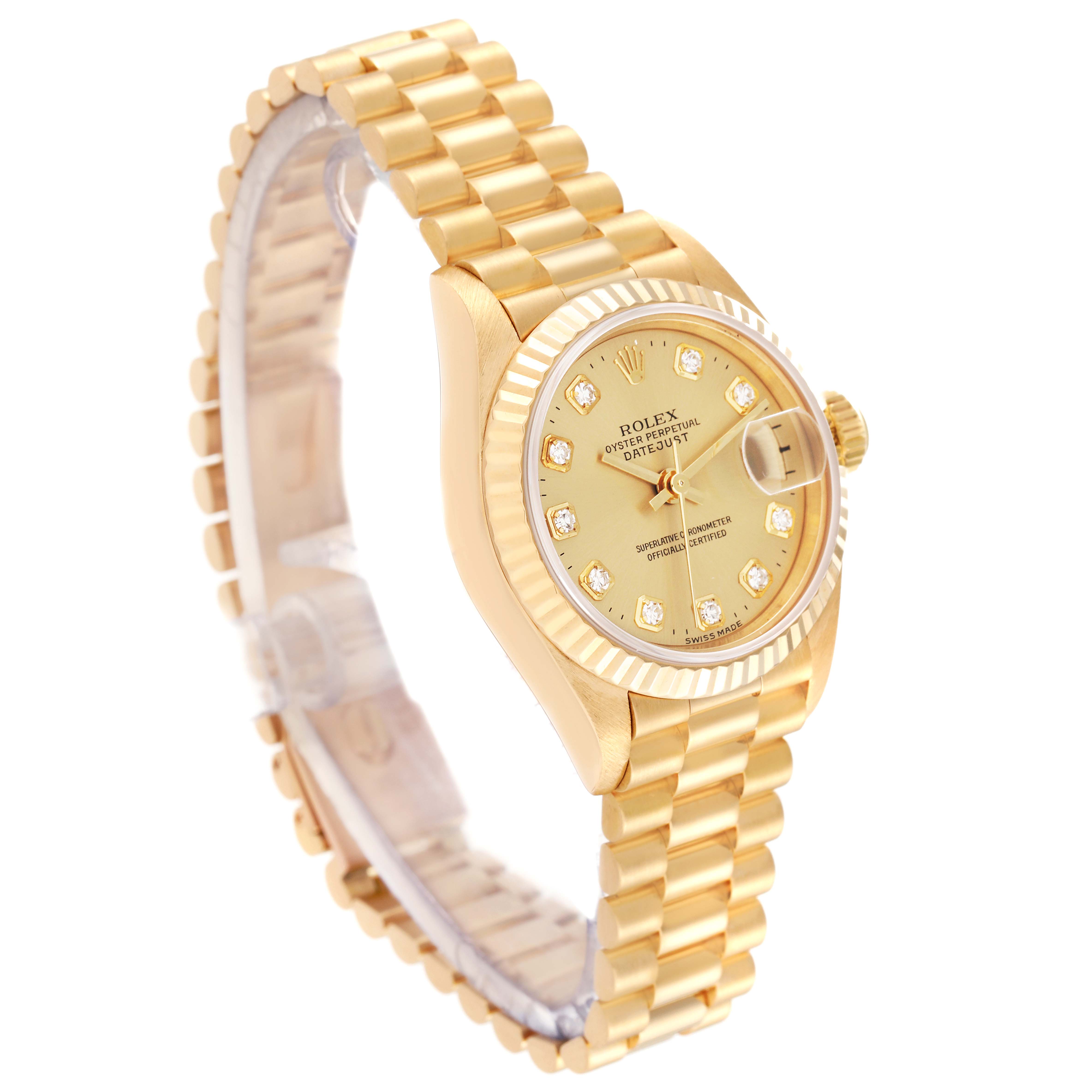 The image shows a side angle of a Rolex President 69178 Women
s Yellow Gold Champagne Dial 69178 Women
s Yellow Gold Champagne Dial model watch, displaying the gold bracelet, case, and diamond-studded dial.