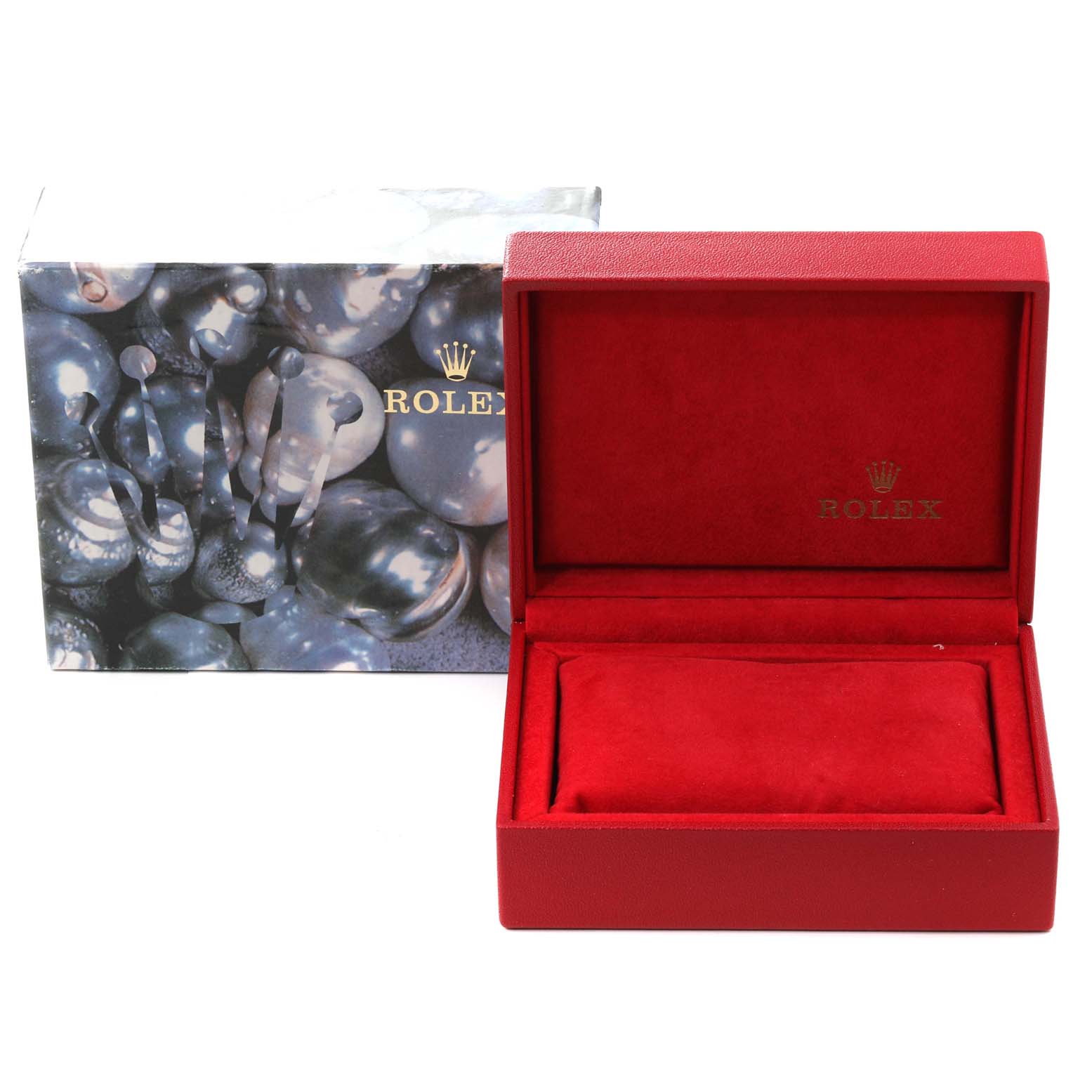 The image shows an open Rolex President 69178 Women
s Yellow Gold Champagne Dial 69178 Women
s Yellow Gold Champagne Dial model watch box and its outer packaging from a straight-on angle.