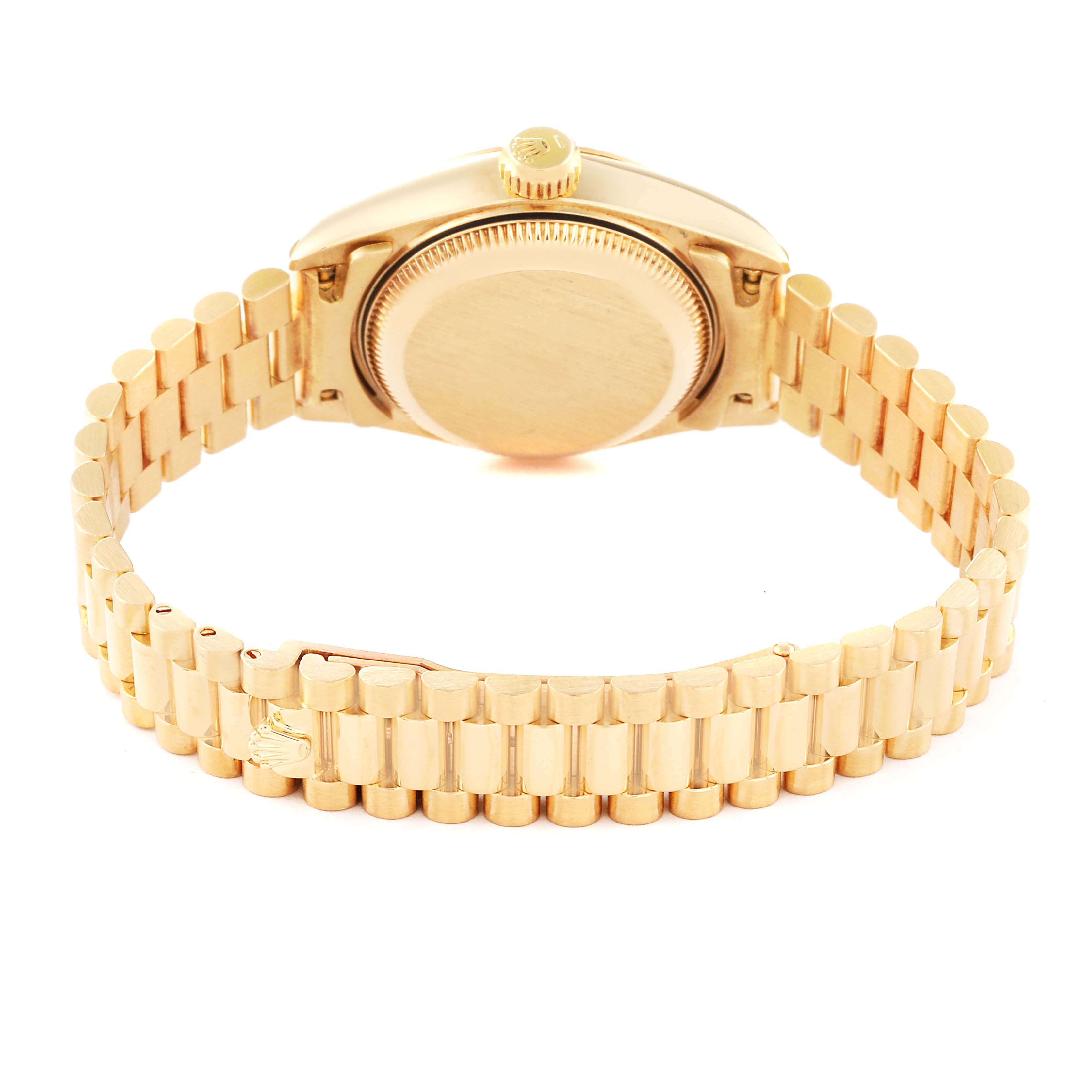 This image shows the back view of the Rolex President 69178 Women
s Yellow Gold Champagne Dial 69178 Women
s Yellow Gold Champagne Dial model watch, highlighting its gold bracelet and case back.