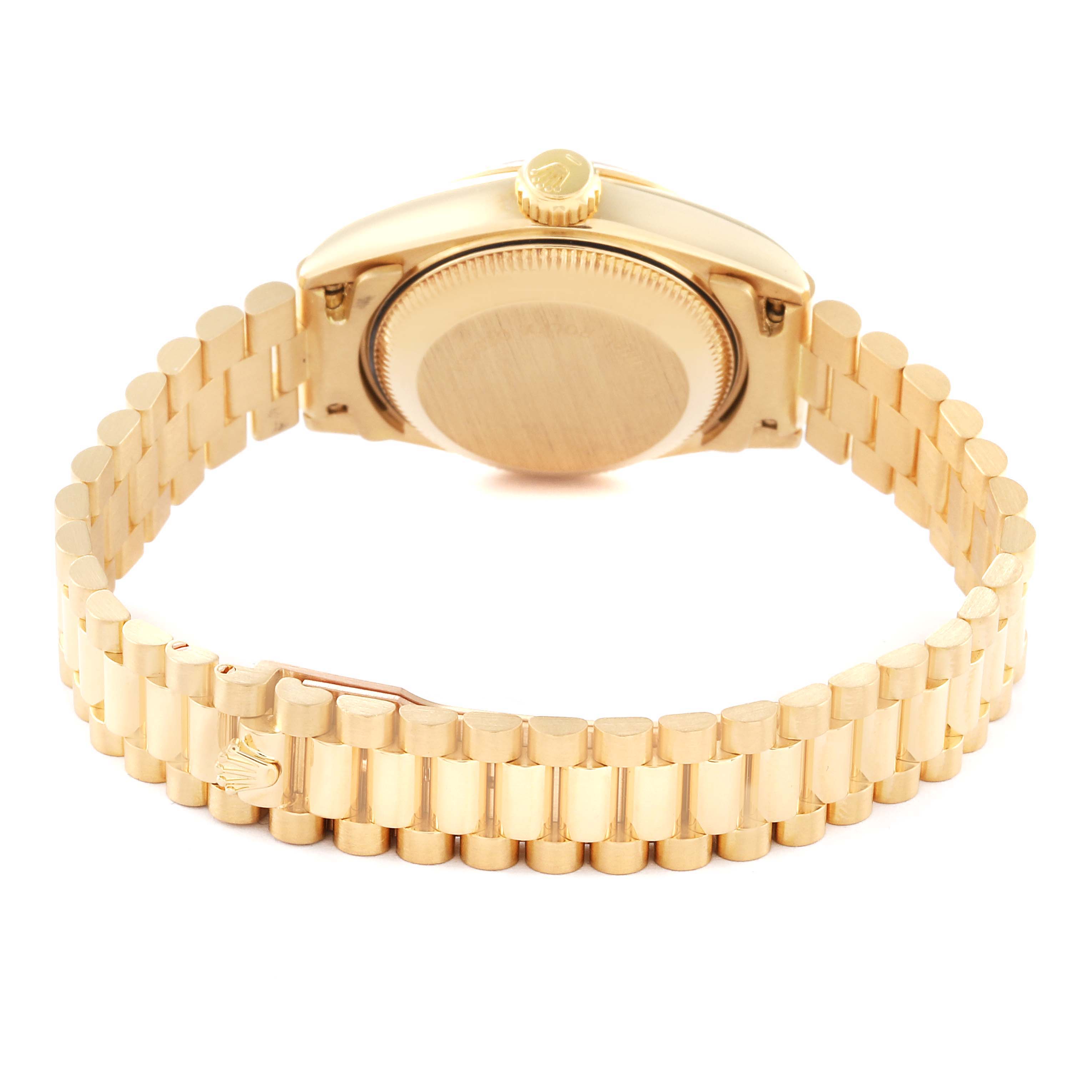 The image shows the back view of a gold Rolex President 69178G Women's Yellow Gold Champagne Dial 69178G Women's Yellow Gold Champagne Dial model watch, highlighting the bracelet and case back.