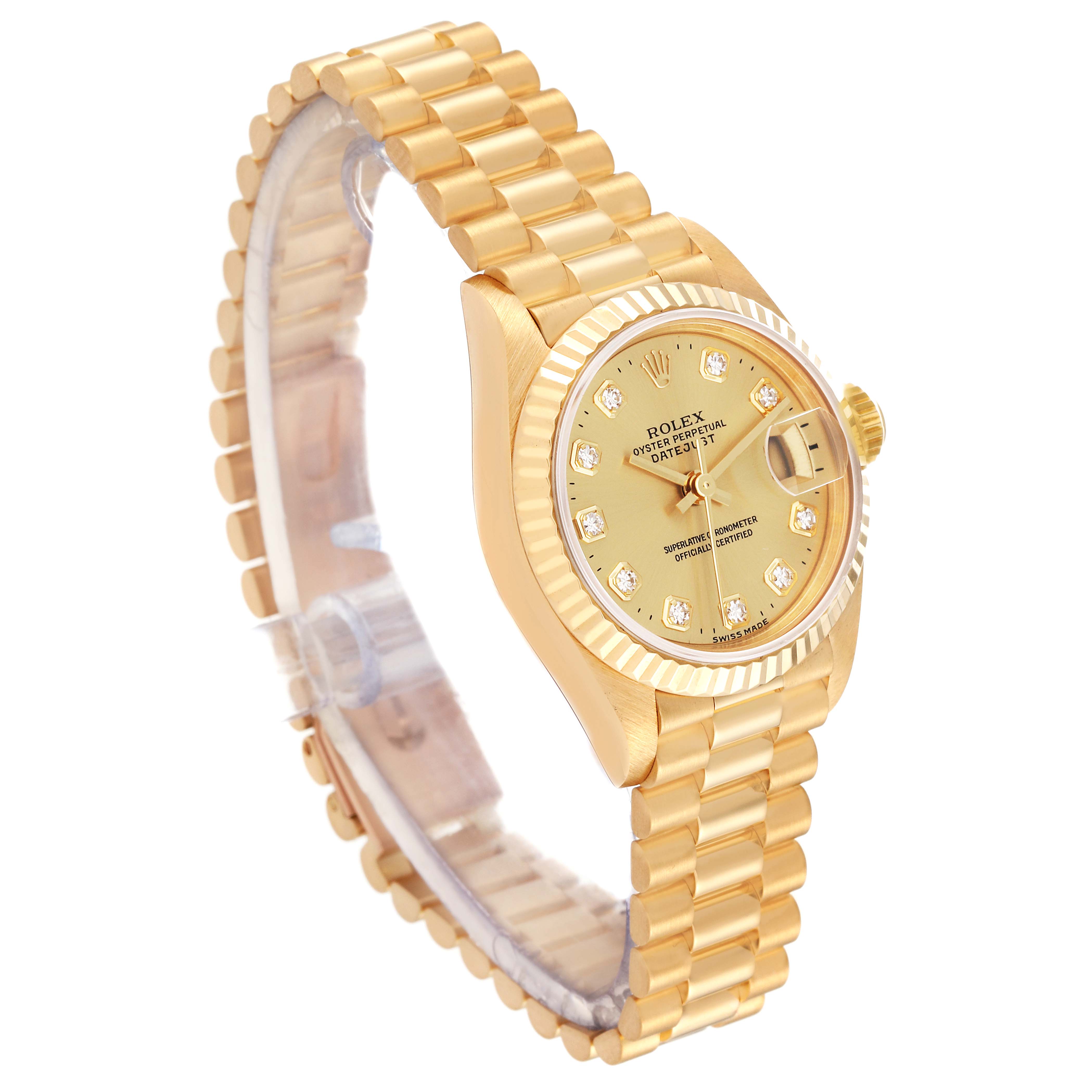 The image shows a gold Rolex President 69178G Women's Yellow Gold Champagne Dial 69178G Women's Yellow Gold Champagne Dial model at a slight angle, revealing the watch face, bezel, and bracelet.