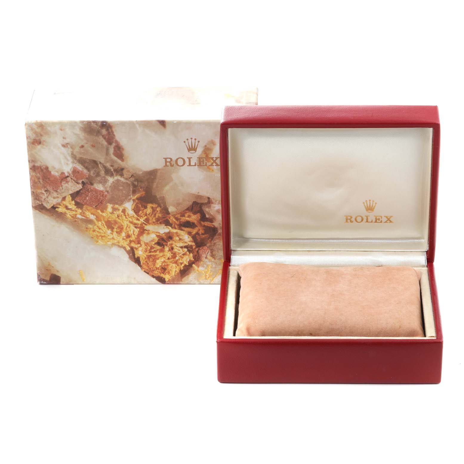 The image shows a Rolex President 69178G Women's Yellow Gold Champagne Dial 69178G Women's Yellow Gold Champagne Dial watch box and cushion at a straight-on angle.