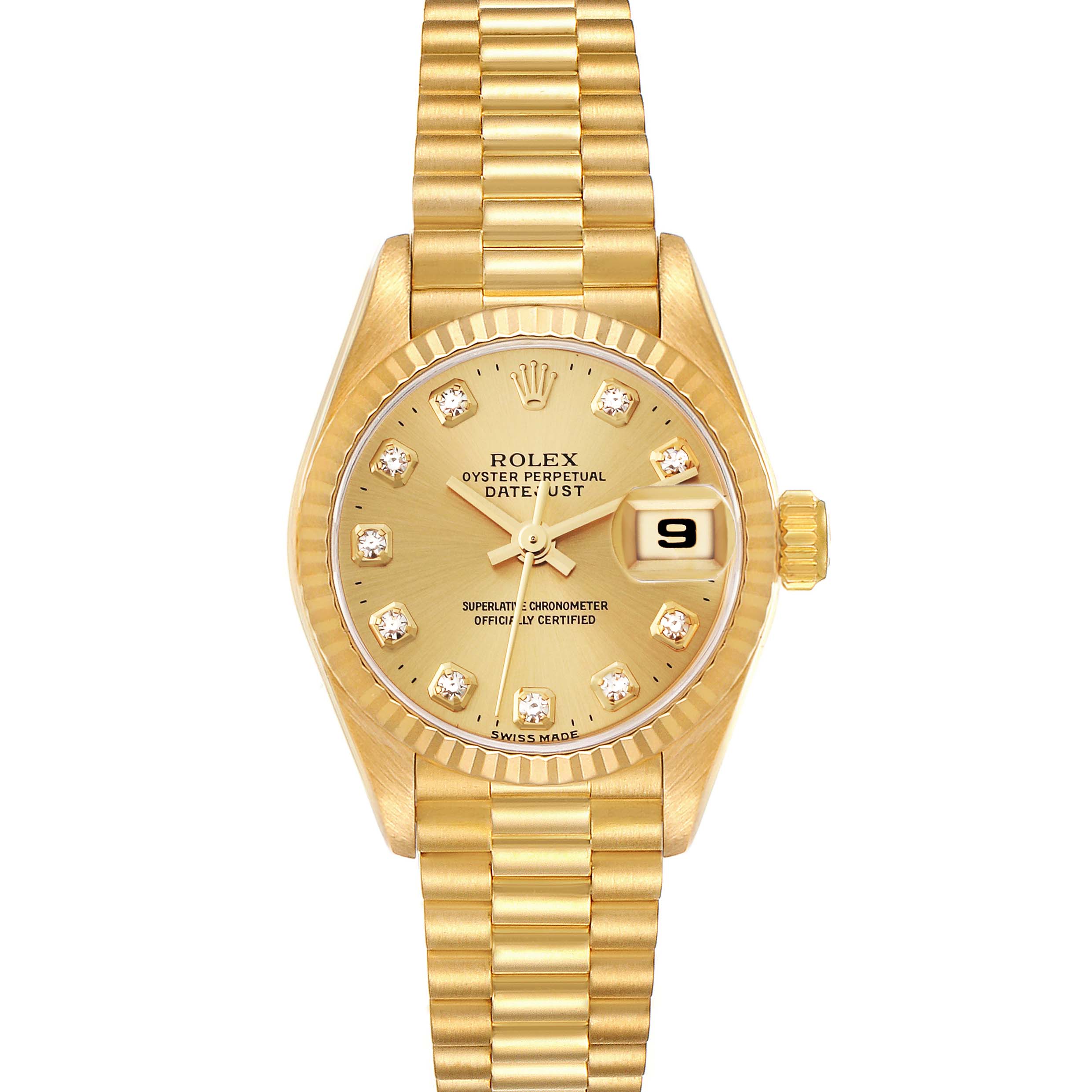 The image shows a front view of the Rolex President 69178G Women's Yellow Gold Champagne Dial 69178G Women's Yellow Gold Champagne Dial model watch, highlighting its gold case, diamond hour markers, and date window.