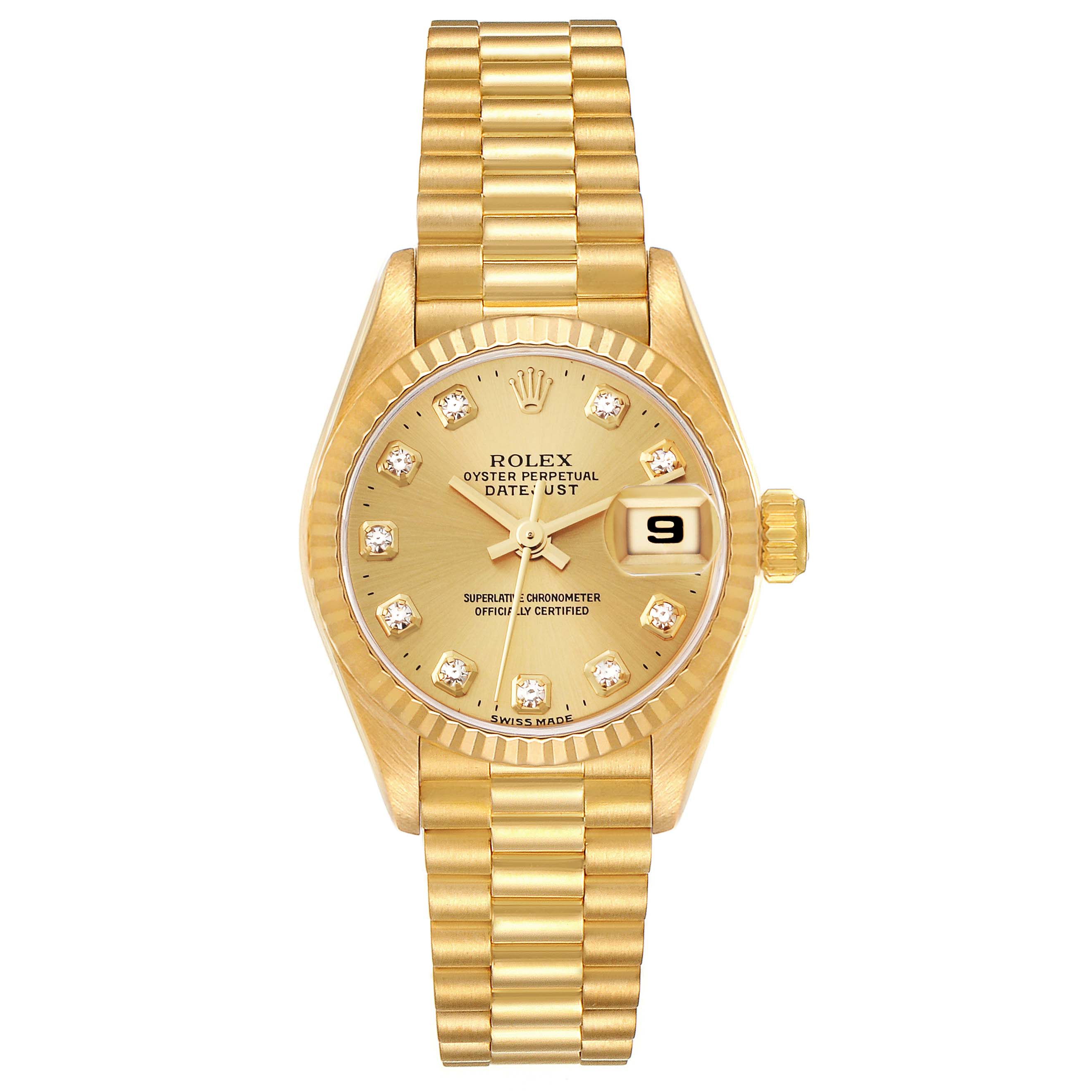 The image shows a front view of the Rolex President 69178G Women's Yellow Gold Champagne Dial 69178G Women's Yellow Gold Champagne Dial model, displaying the dial, case, bezel, bracelet, and date window.