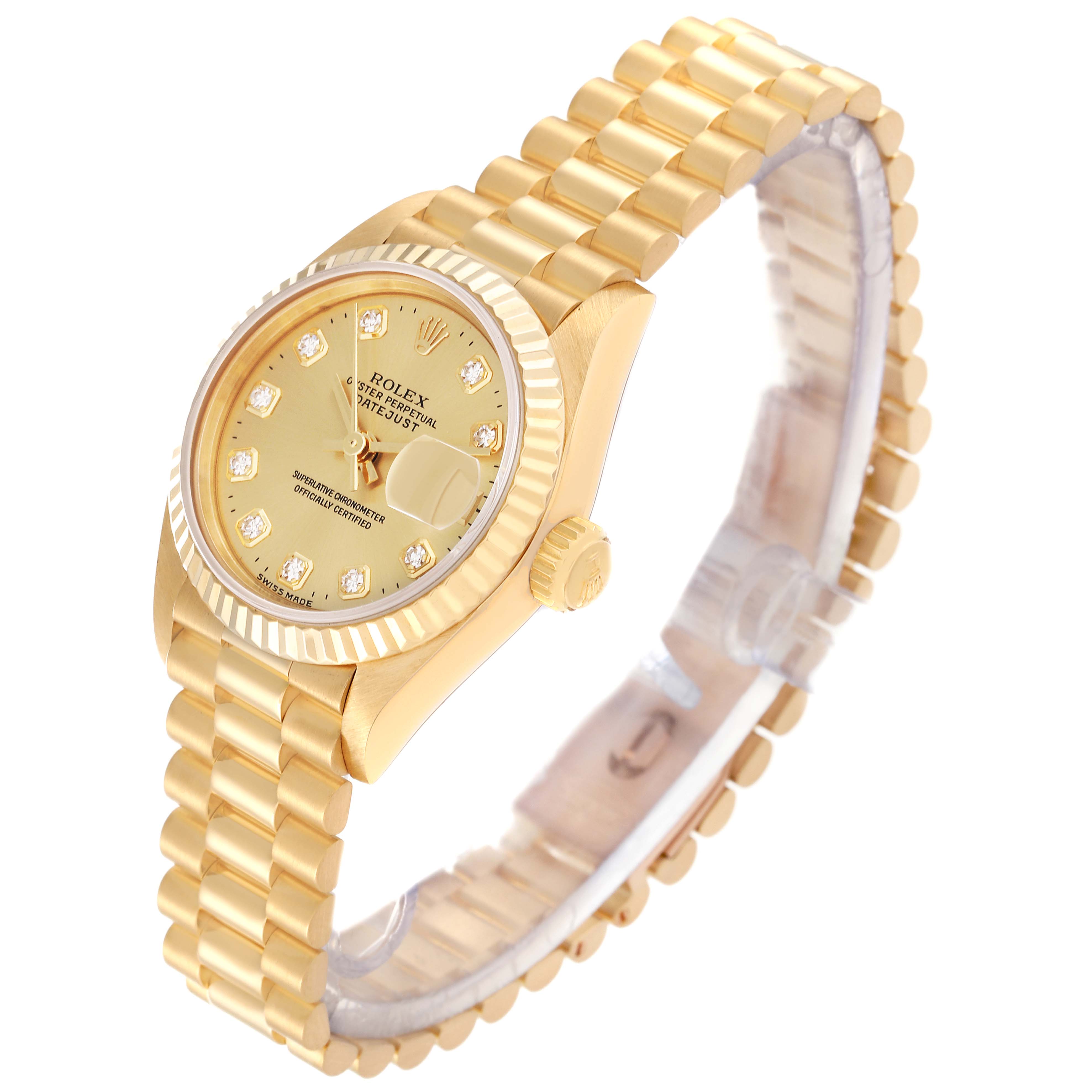 The image shows a side-angle view of a Rolex President 69178G Women's Yellow Gold Champagne Dial 69178G Women's Yellow Gold Champagne Dial model watch, highlighting its gold band, dial, and bezel.