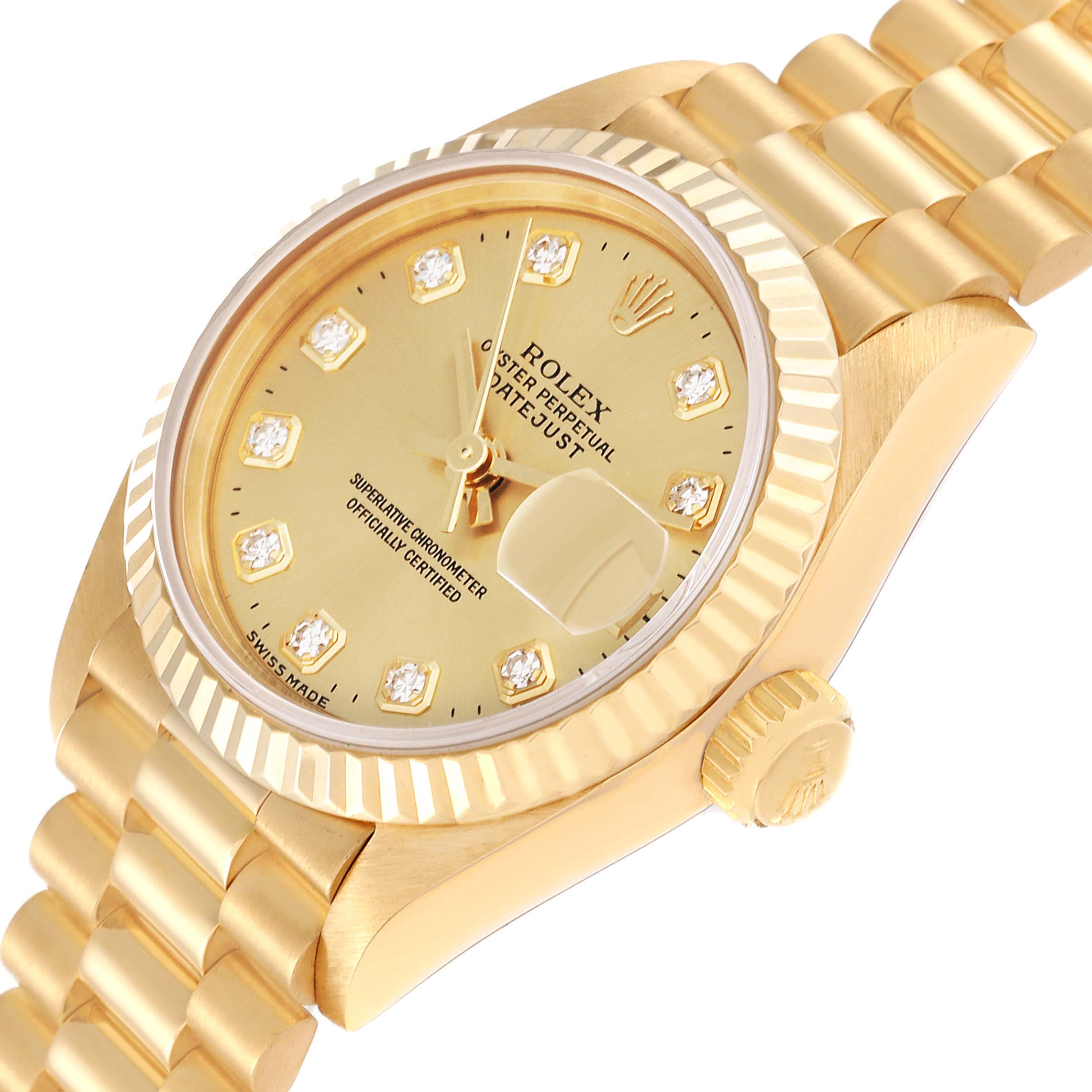 The image shows an angled view of the dial, bezel, and part of the bracelet of a Rolex President 69178G Women's Yellow Gold Champagne Dial 69178G Women's Yellow Gold Champagne Dial model watch.
