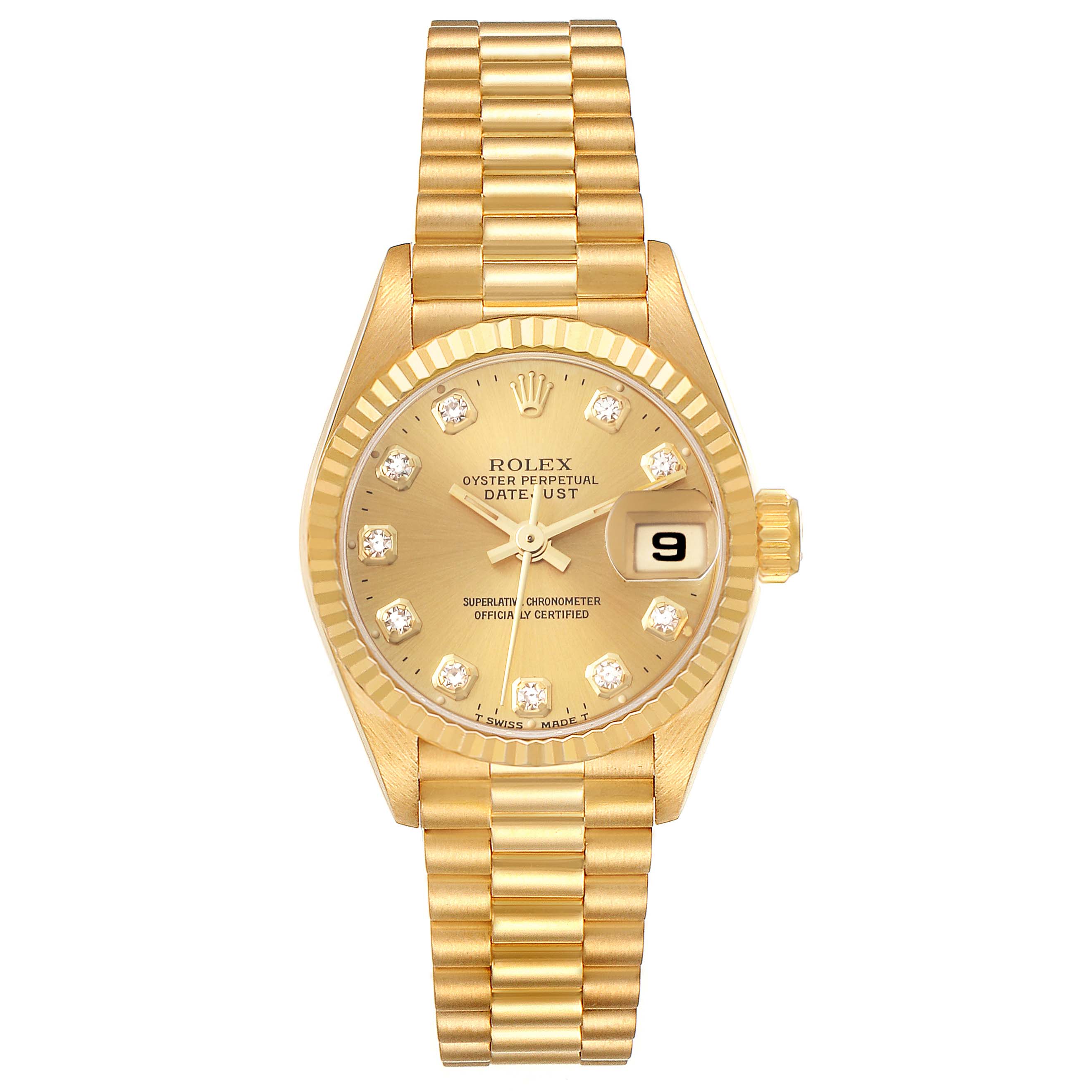 The image shows a front view of a Rolex President 69178G Women's Yellow Gold Champagne Dial 69178G Women's Yellow Gold Champagne Dial model watch, highlighting the dial, date window, and bracelet.