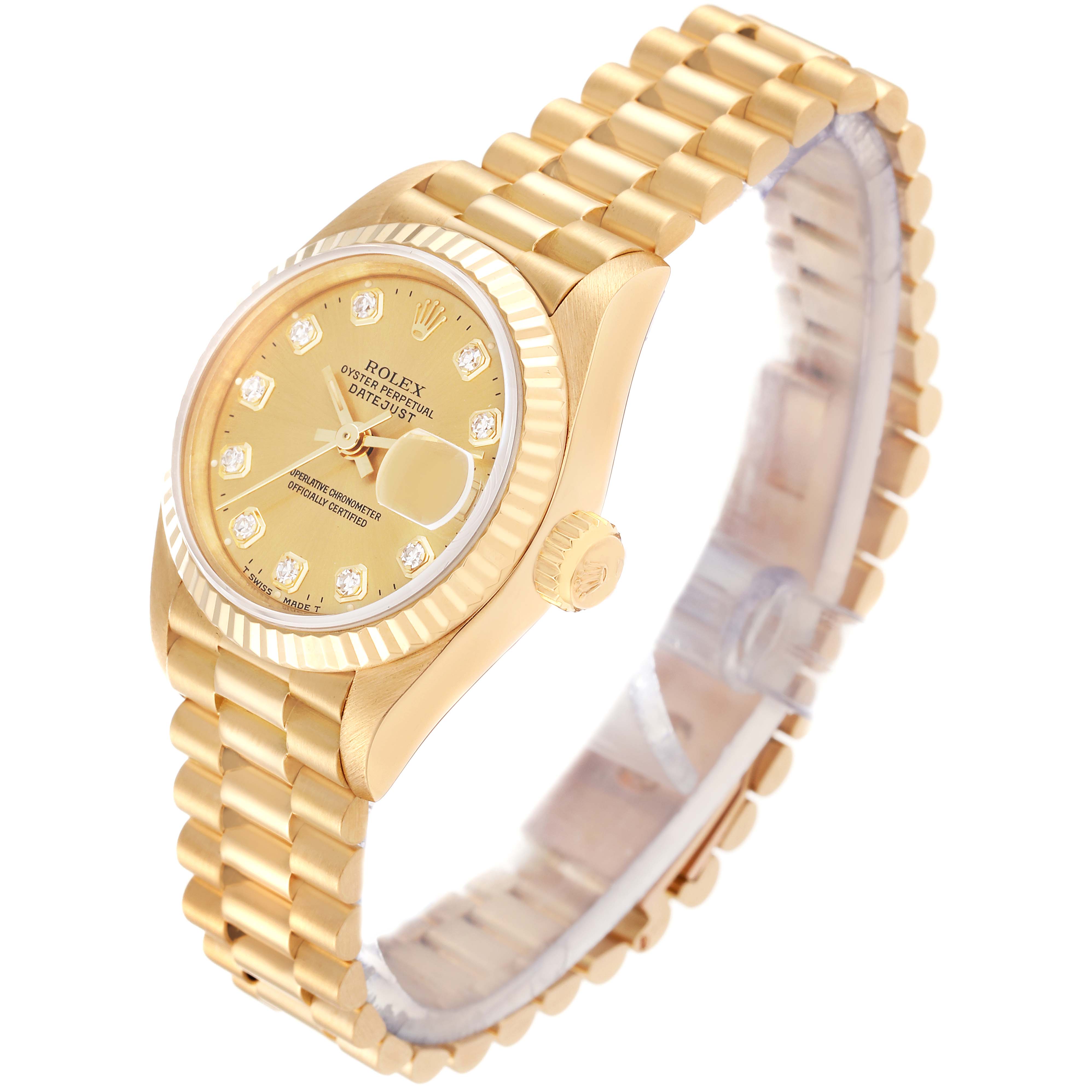 The Rolex President 69178G Women's Yellow Gold Champagne Dial 69178G Women's Yellow Gold Champagne Dial model is shown at an angle, displaying the gold case, dial, band, and the fluted bezel.