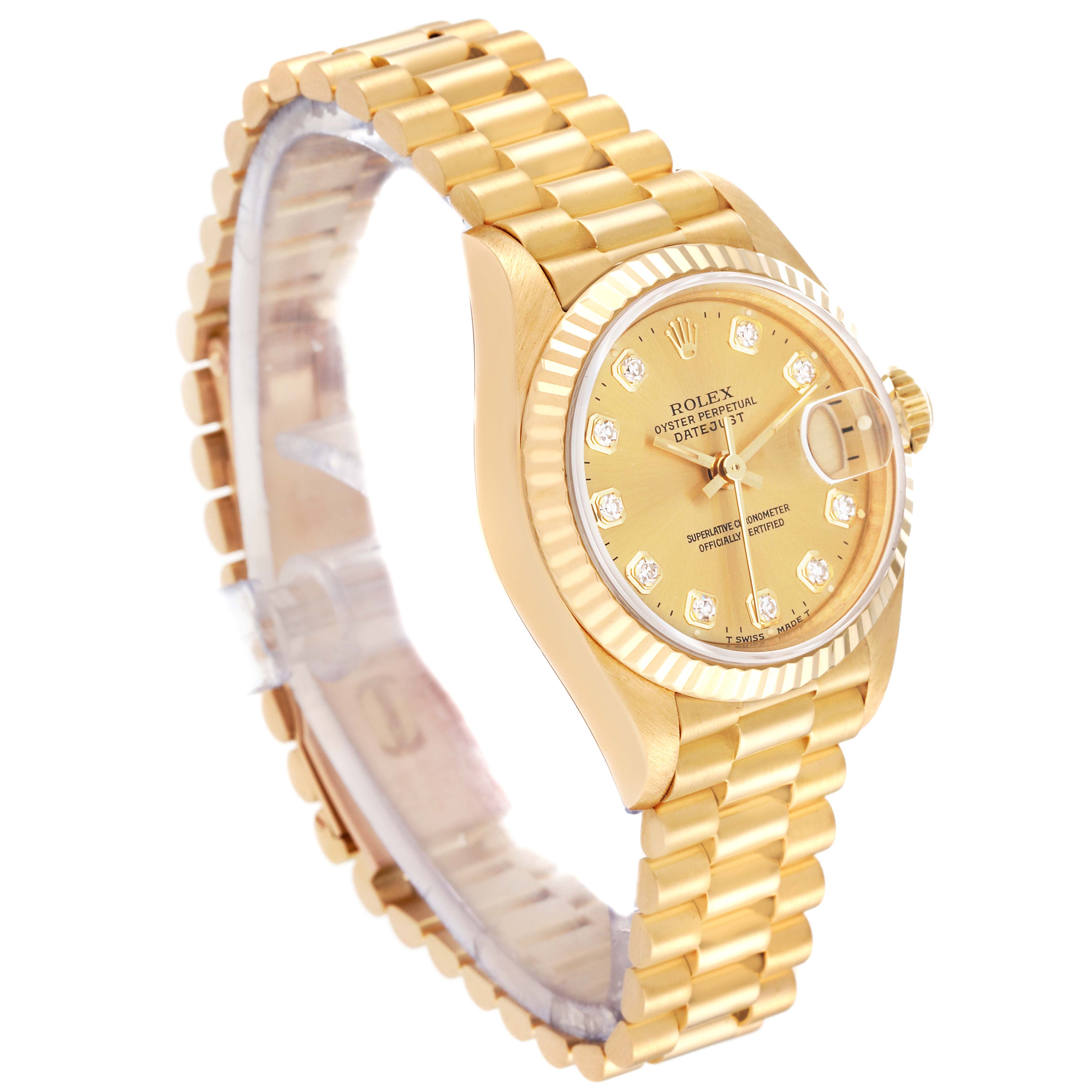 The image shows a side angle of a Rolex President 69178G Women's Yellow Gold Champagne Dial 69178G Women's Yellow Gold Champagne Dial model watch, displaying its gold bracelet, dial, and bezel.