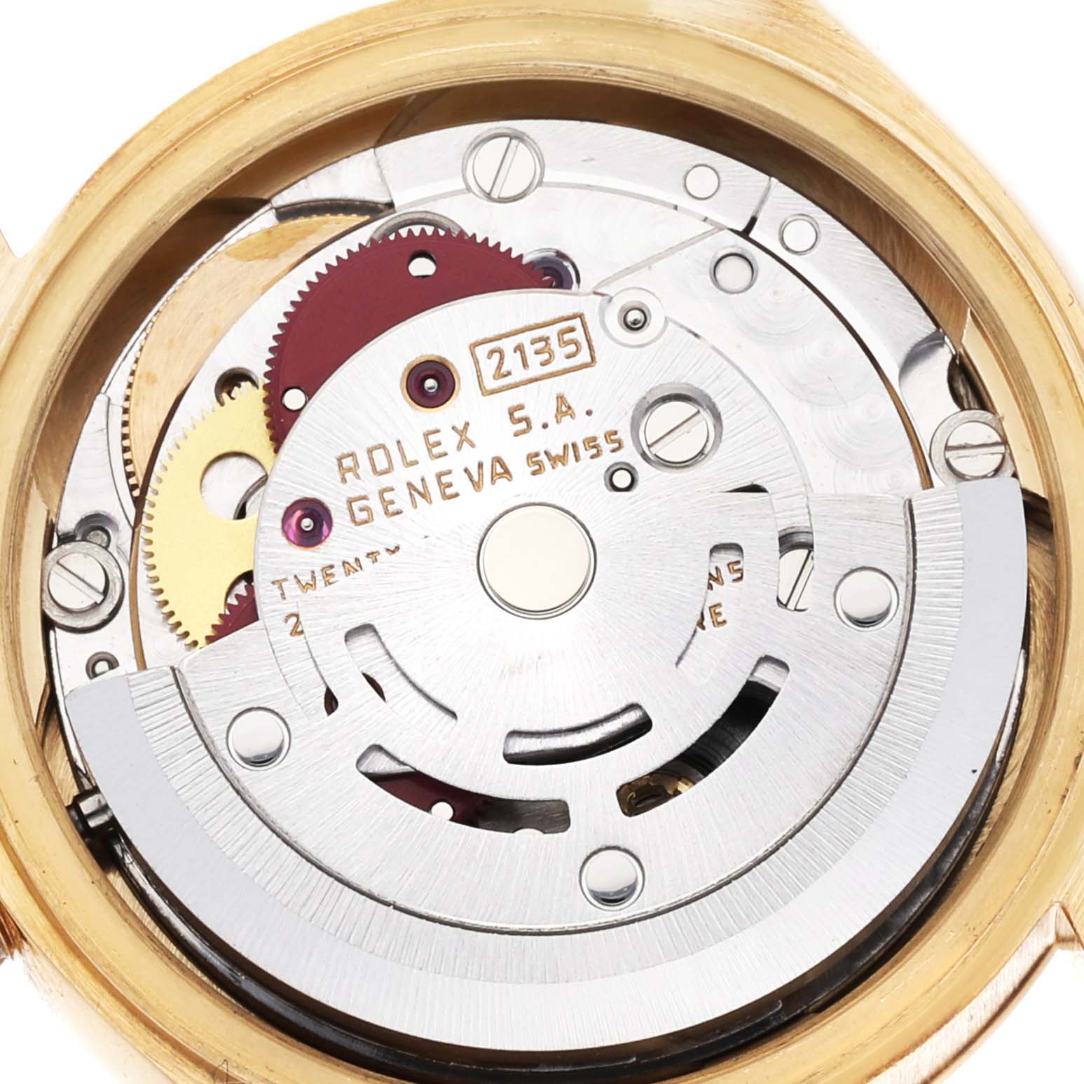 This image shows the internal movement and mechanism of the Rolex President 69178G Women's Yellow Gold Champagne Dial 69178G Women's Yellow Gold Champagne Dial model watch at a close-up angle.
