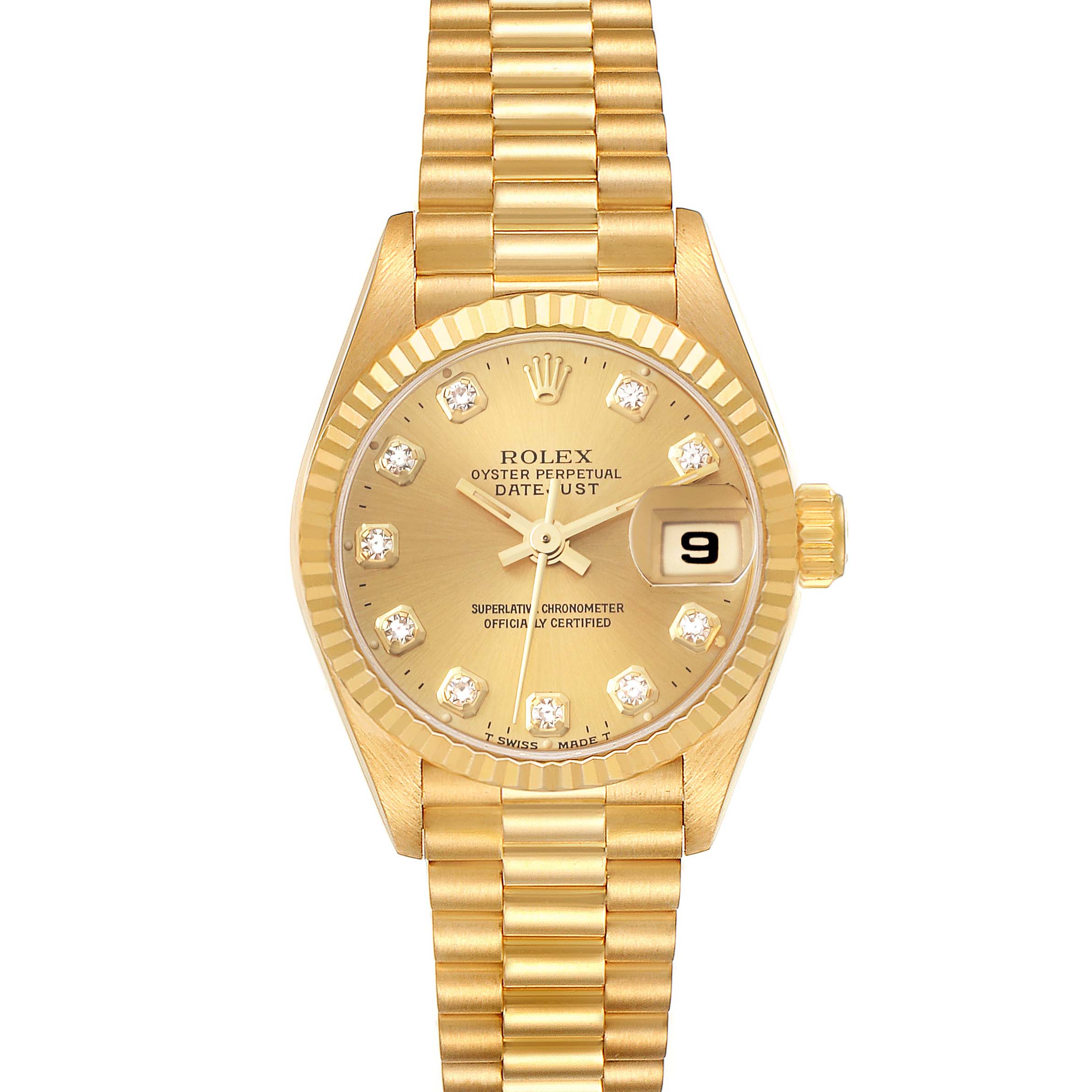The Rolex President 69178G Women's Yellow Gold Champagne Dial 69178G Women's Yellow Gold Champagne Dial model watch is shown from the front, featuring a gold dial, date display, gold bracelet, and diamond indices.