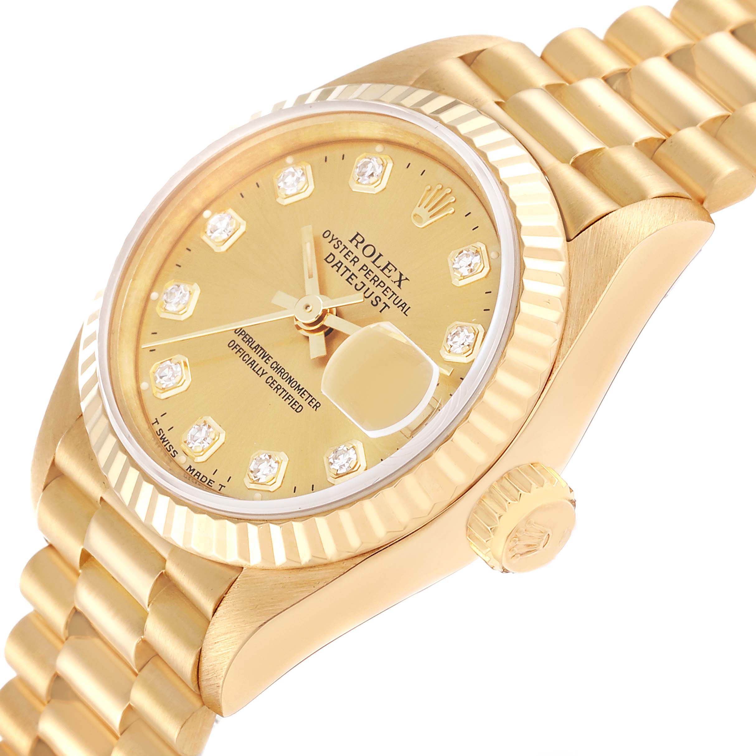 This image shows a Rolex President 69178G Women's Yellow Gold Champagne Dial 69178G Women's Yellow Gold Champagne Dial model watch angled to display the dial, crown, bezel, and part of the bracelet.