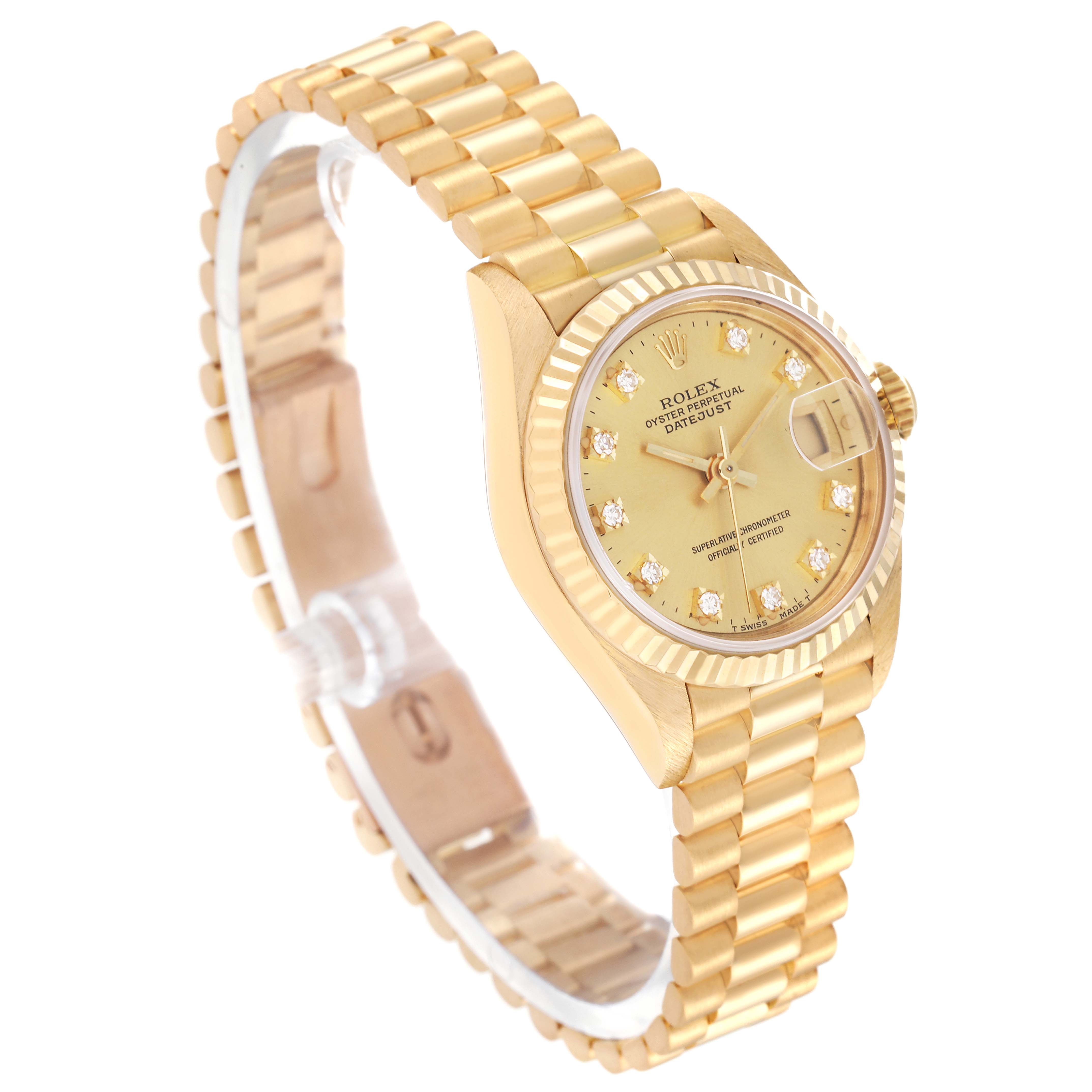 The image shows a gold Rolex President 69178G Women's Yellow Gold Champagne Dial 69178G Women's Yellow Gold Champagne Dial model watch from an angled view, highlighting its bracelet, case, and diamond hour markers.
