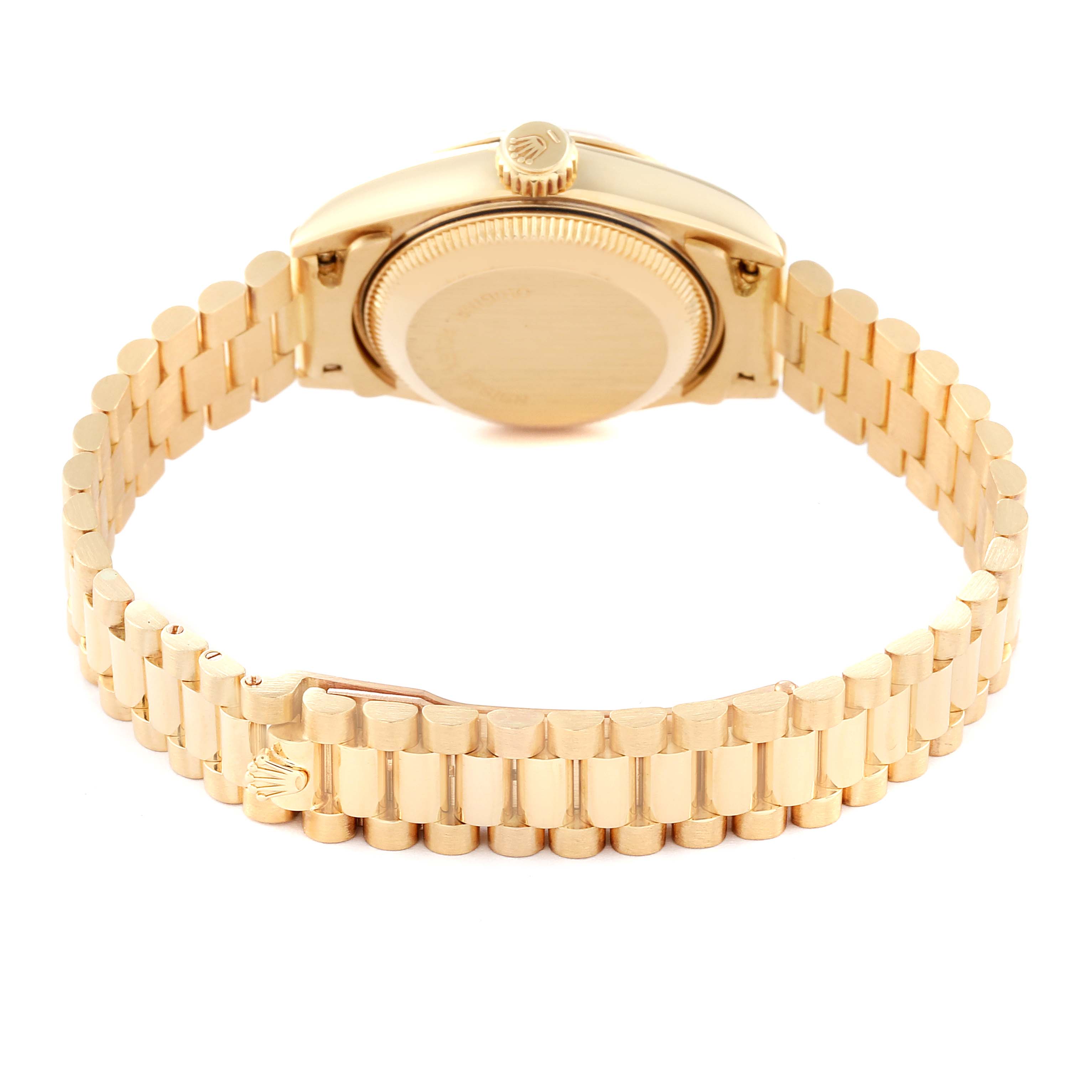 The image shows the back view of a Rolex President 69178G Women's Yellow Gold Champagne Dial 69178G Women's Yellow Gold Champagne Dial model watch, highlighting its gold case and bracelet.