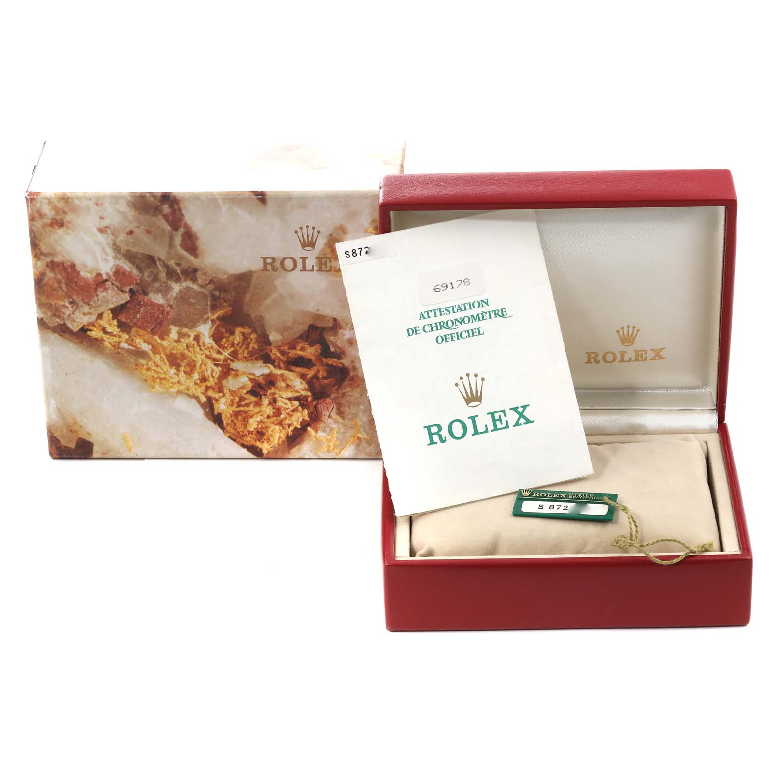 The image shows a Rolex President 69178G Women's Yellow Gold Champagne Dial 69178G Women's Yellow Gold Champagne Dial model watch box with a certificate, tag, and packaging materials.