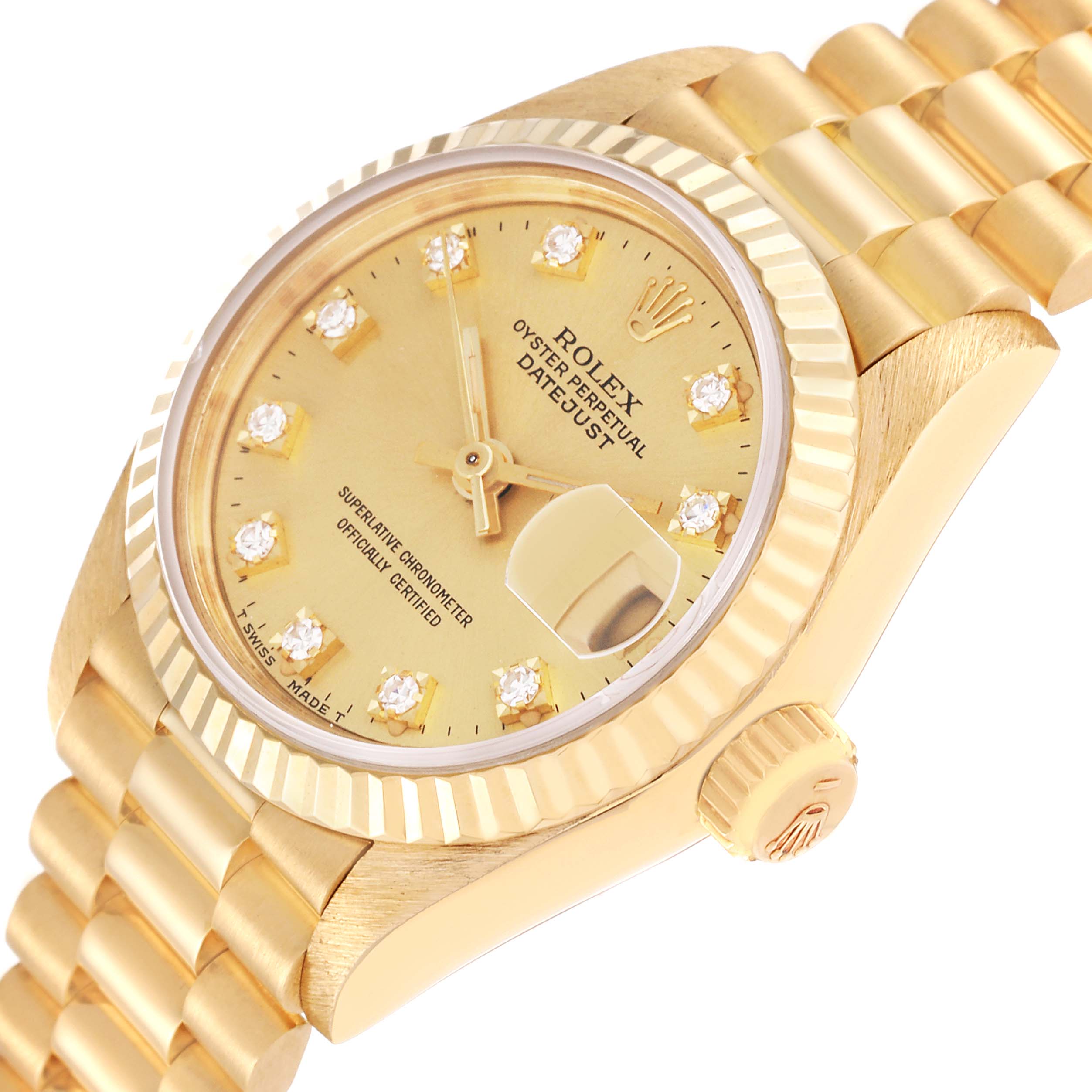 The image shows the Rolex President 69178G Women's Yellow Gold Champagne Dial 69178G Women's Yellow Gold Champagne Dial model watch at a slight angle, displaying its dial, bezel, crown, and bracelet.