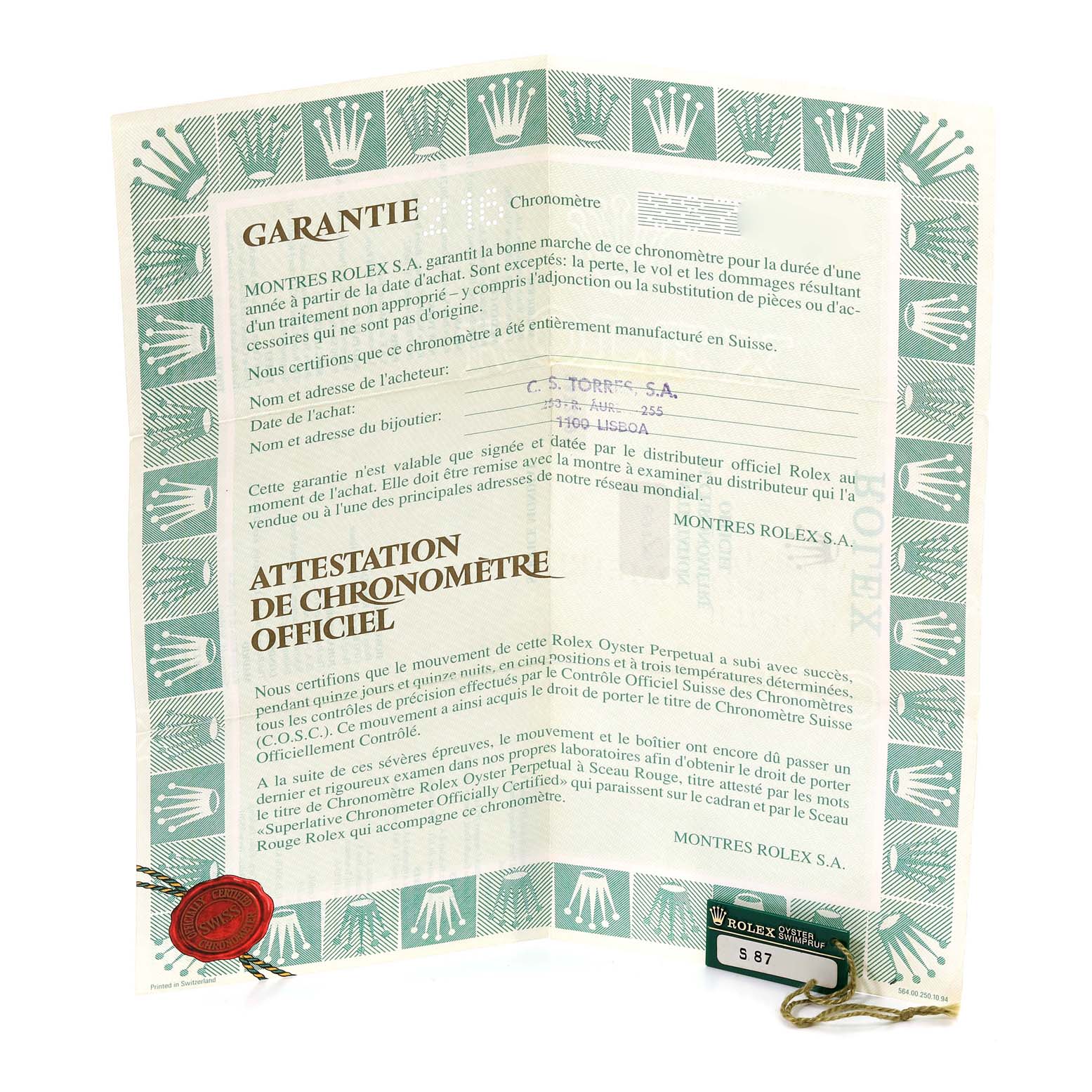 The image shows the warranty certificate and official chronometer certification for a Rolex President 69178G Women's Yellow Gold Champagne Dial 69178G Women's Yellow Gold Champagne Dial model.