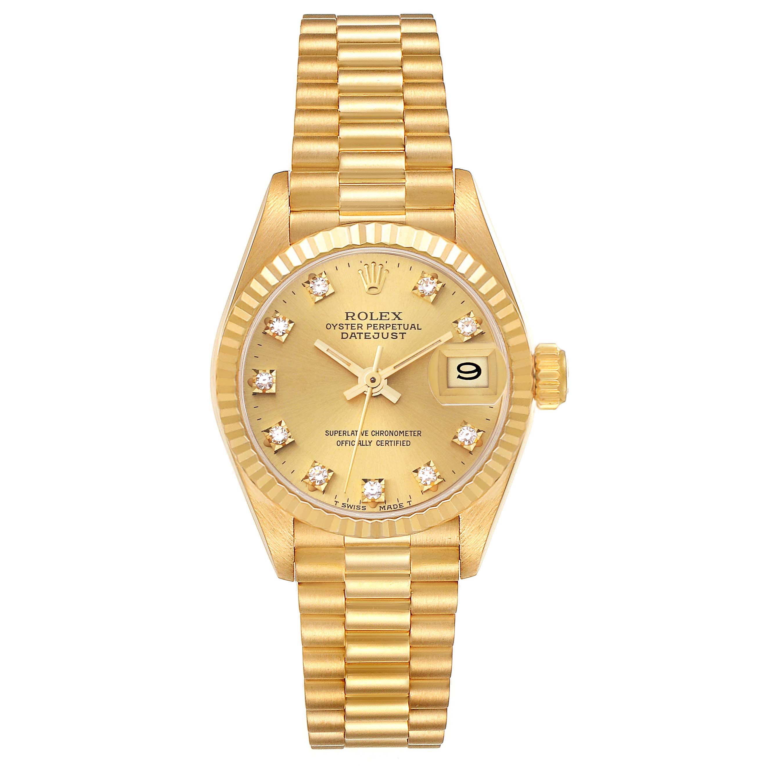 This is a front view of a Rolex President 69178G Women's Yellow Gold Champagne Dial 69178G Women's Yellow Gold Champagne Dial model watch showing the dial, hands, date window, bezel, and bracelet.