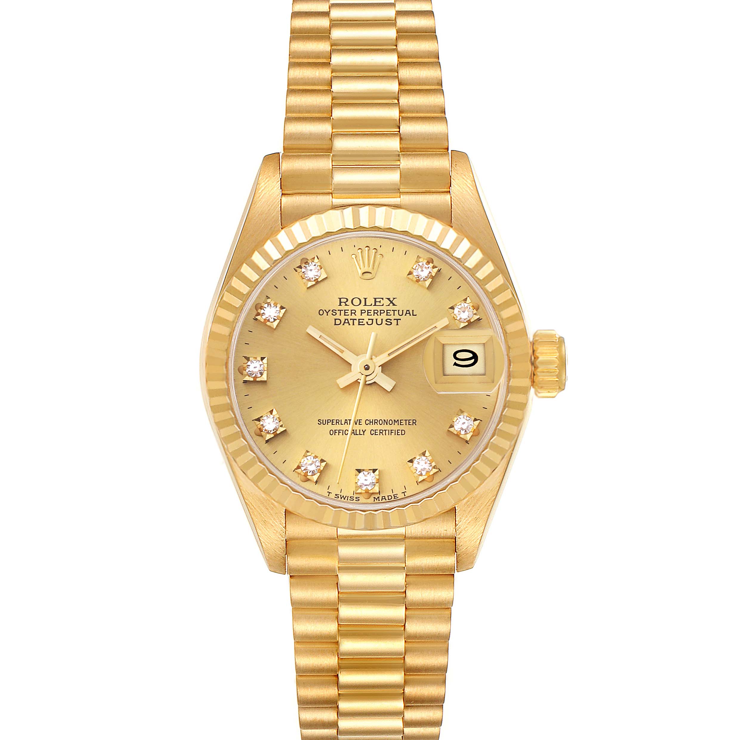 The image shows a frontal view of a Rolex President 69178G Women's Yellow Gold Champagne Dial 69178G Women's Yellow Gold Champagne Dial model watch, highlighting its gold case, bracelet, and diamond hour markers.