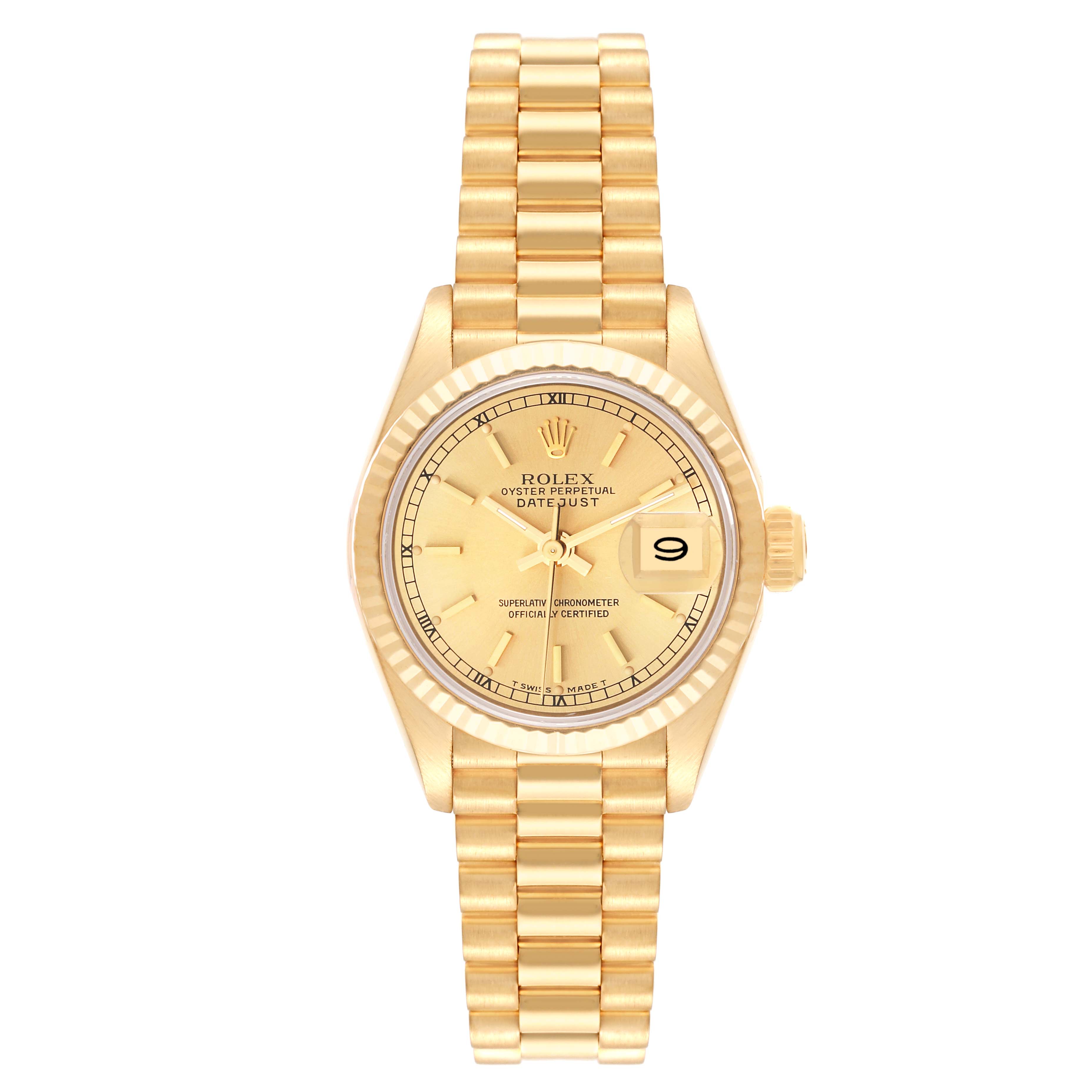 The Rolex President 69178 Women's Yellow Gold Champagne Dial 69178 Women's Yellow Gold Champagne Dial model is shown from a top-down angle, displaying the dial, bezel, crown, and bracelet.