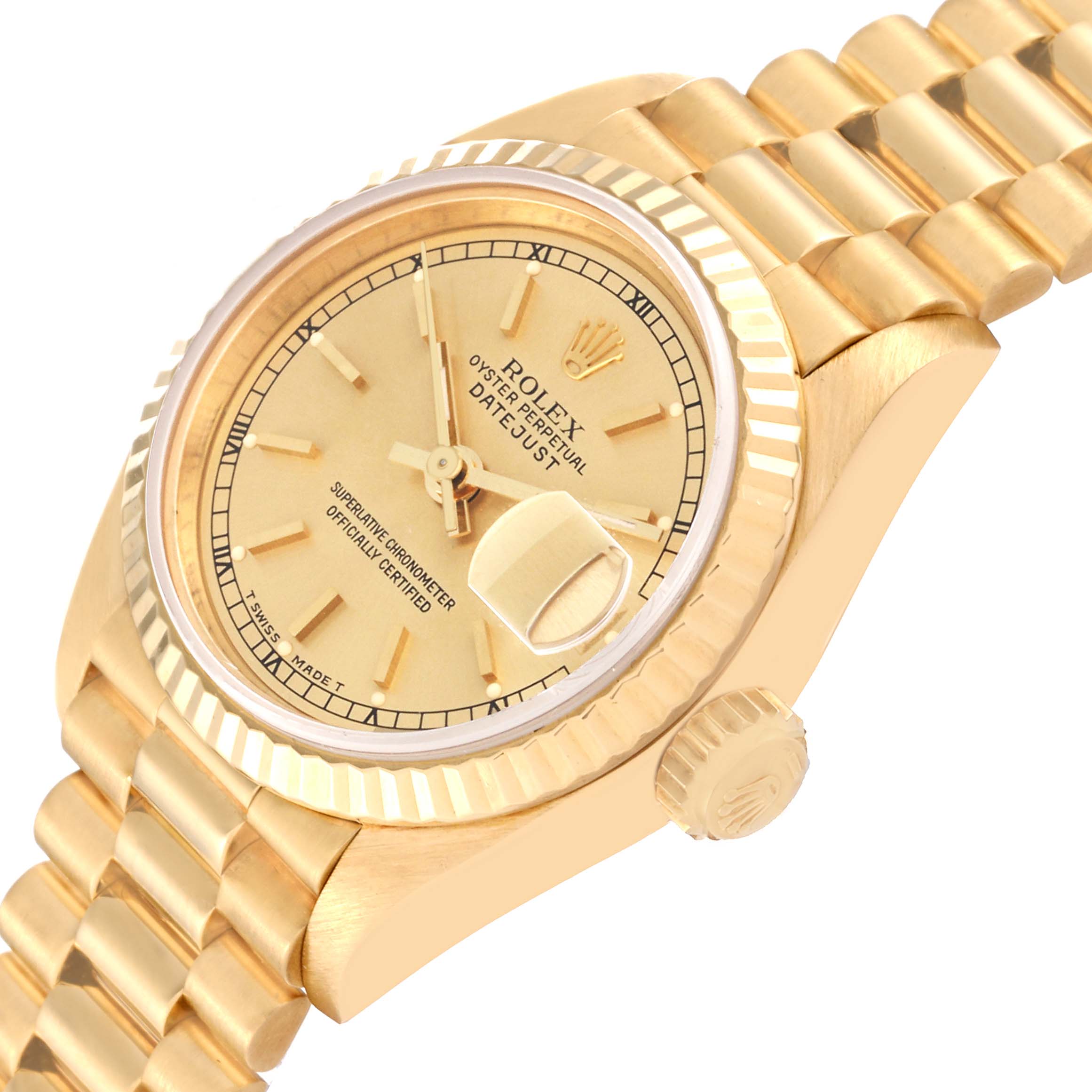 This image shows a close-up, angled view of the Rolex President 69178 Women's Yellow Gold Champagne Dial 69178 Women's Yellow Gold Champagne Dial model, highlighting its watch face, bezel, crown, and bracelet.