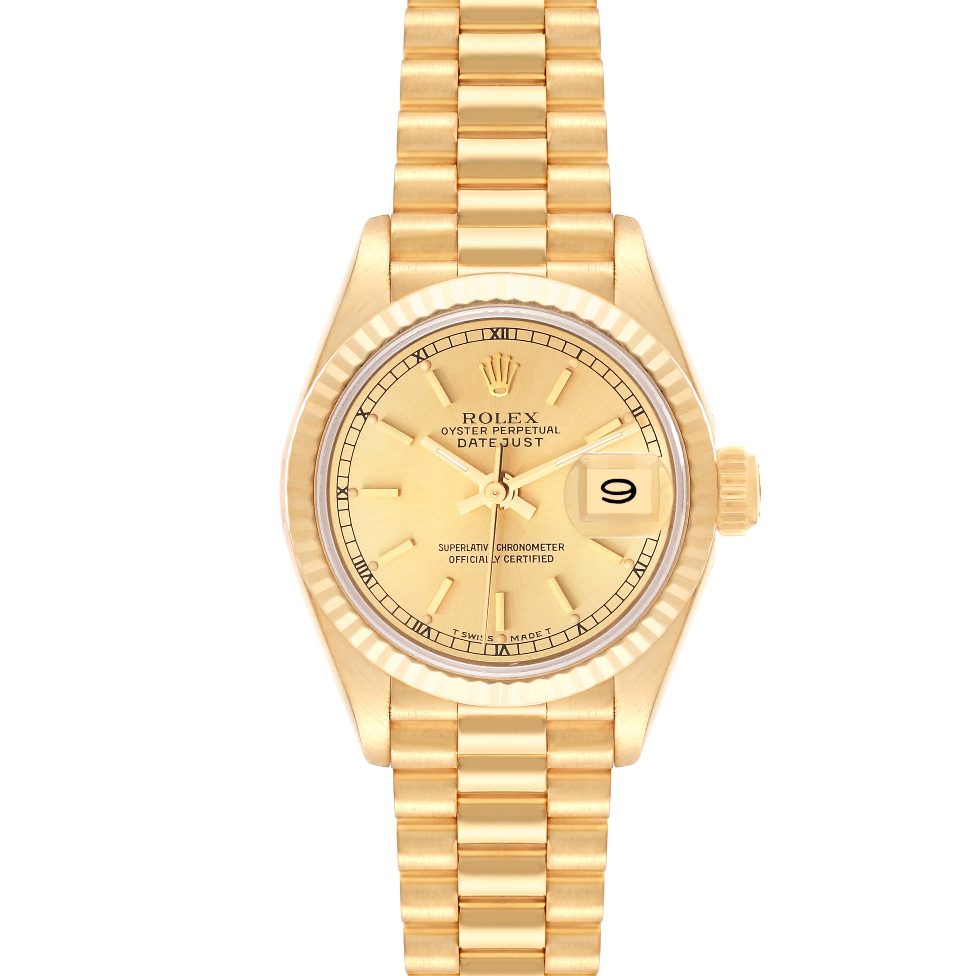 This is a front view of a Rolex President 69178 Women's Yellow Gold Champagne Dial 69178 Women's Yellow Gold Champagne Dial model watch, showcasing its gold bracelet, bezel, dial, and date window.