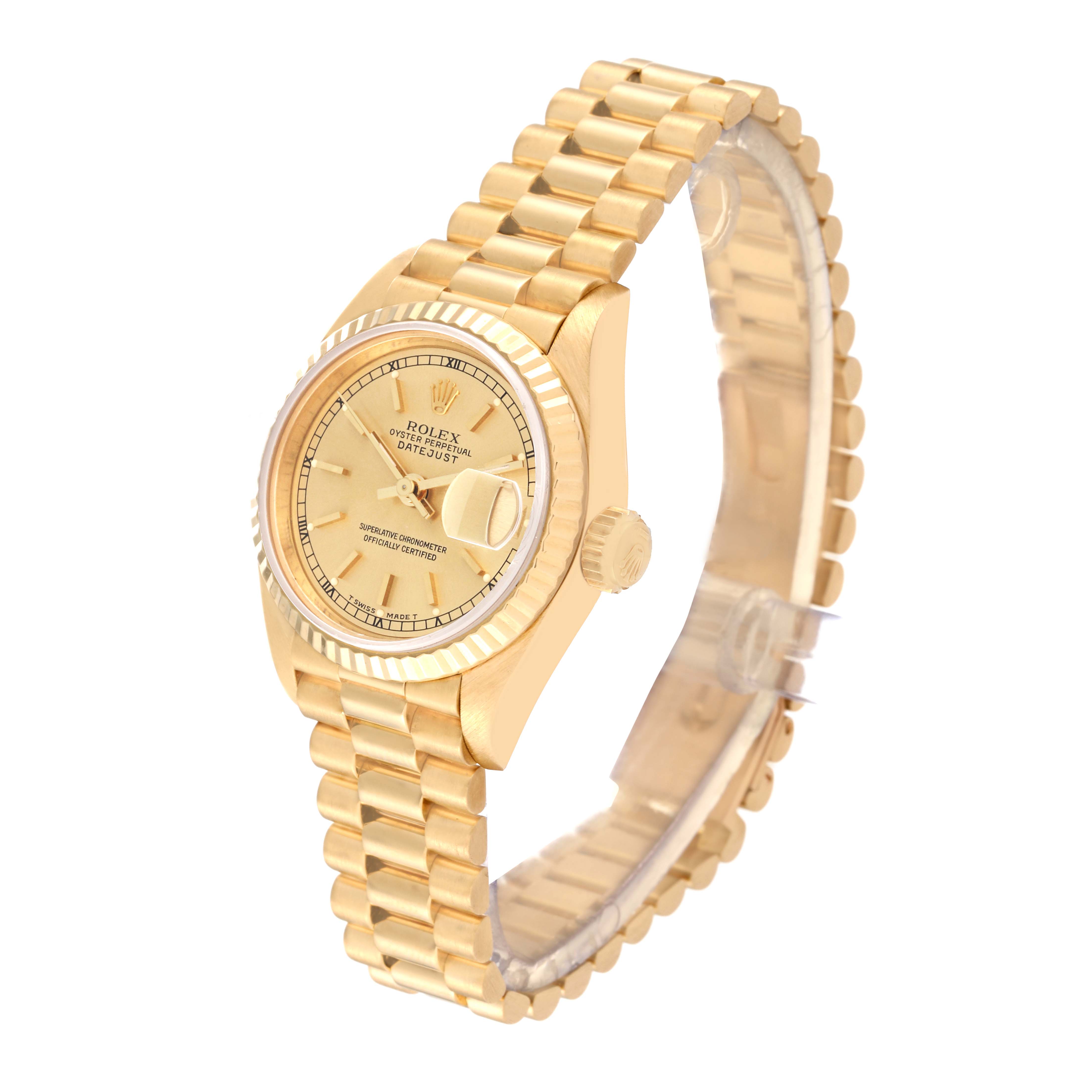 The Rolex President 69178 Women's Yellow Gold Champagne Dial 69178 Women's Yellow Gold Champagne Dial model watch is shown at a slight angle, displaying the face, crown, and bracelet.